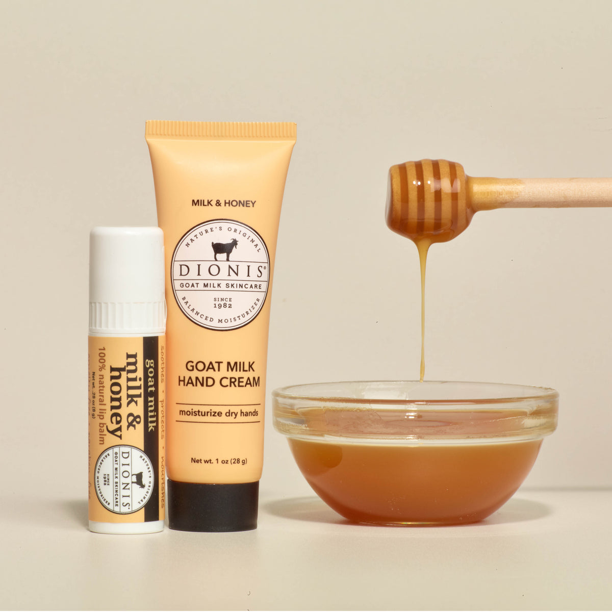 Milk & Honey Lip & Hand Gift Set
Includes:
1 - Dionis Goat Milk Lip Balm, Milk & Honey, .28 oz
1 - Dionis Goat Milk Hand Cream, Milk & Honey, 1 oz