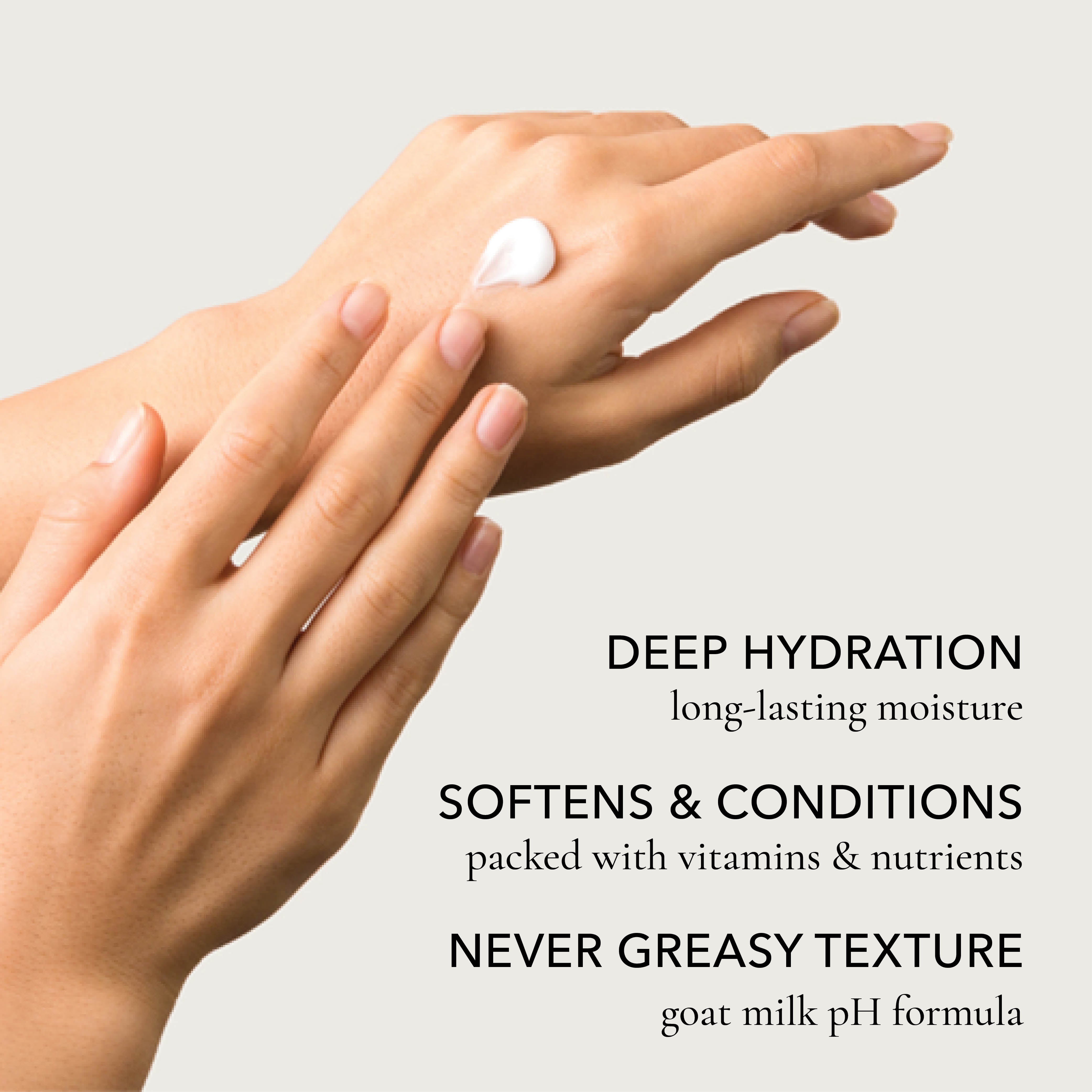 Hands applying cream with text about deep hydration and moisturizing benefits on a light background. It reads: "Deep Hydration, long-lasting moisture. Softens & Conditions, packed with vitamins & nutrients. Never Greasy Texture, got milk pH formula."
