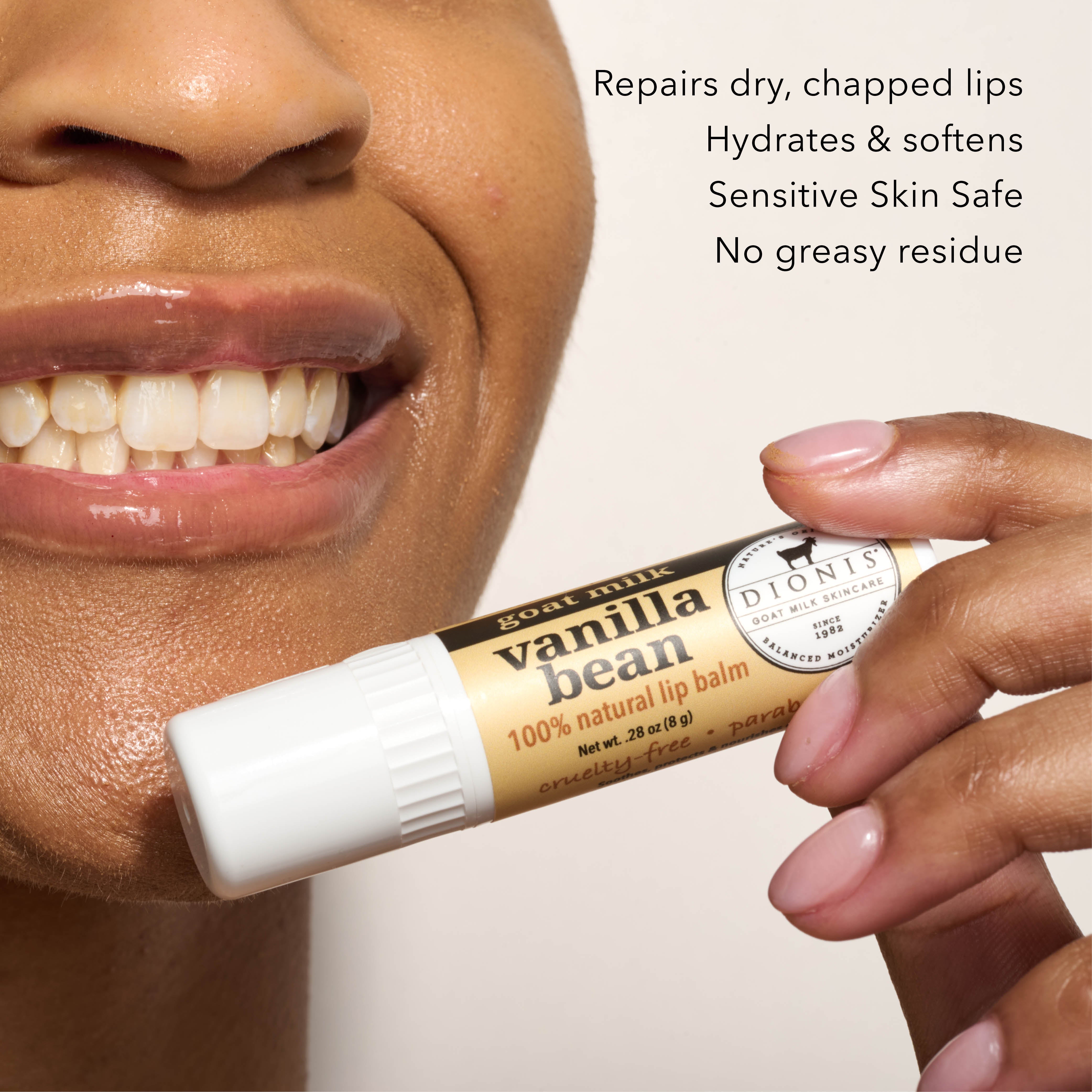 A close up of model applying Dionis Goat Milk Lip Balm, Vanilla Bean, to lips.
Benefits:
- Repairs dry, chapped lips.
- Hydrates & softens.
- Sensitive skin safe.
- No greasy residue.