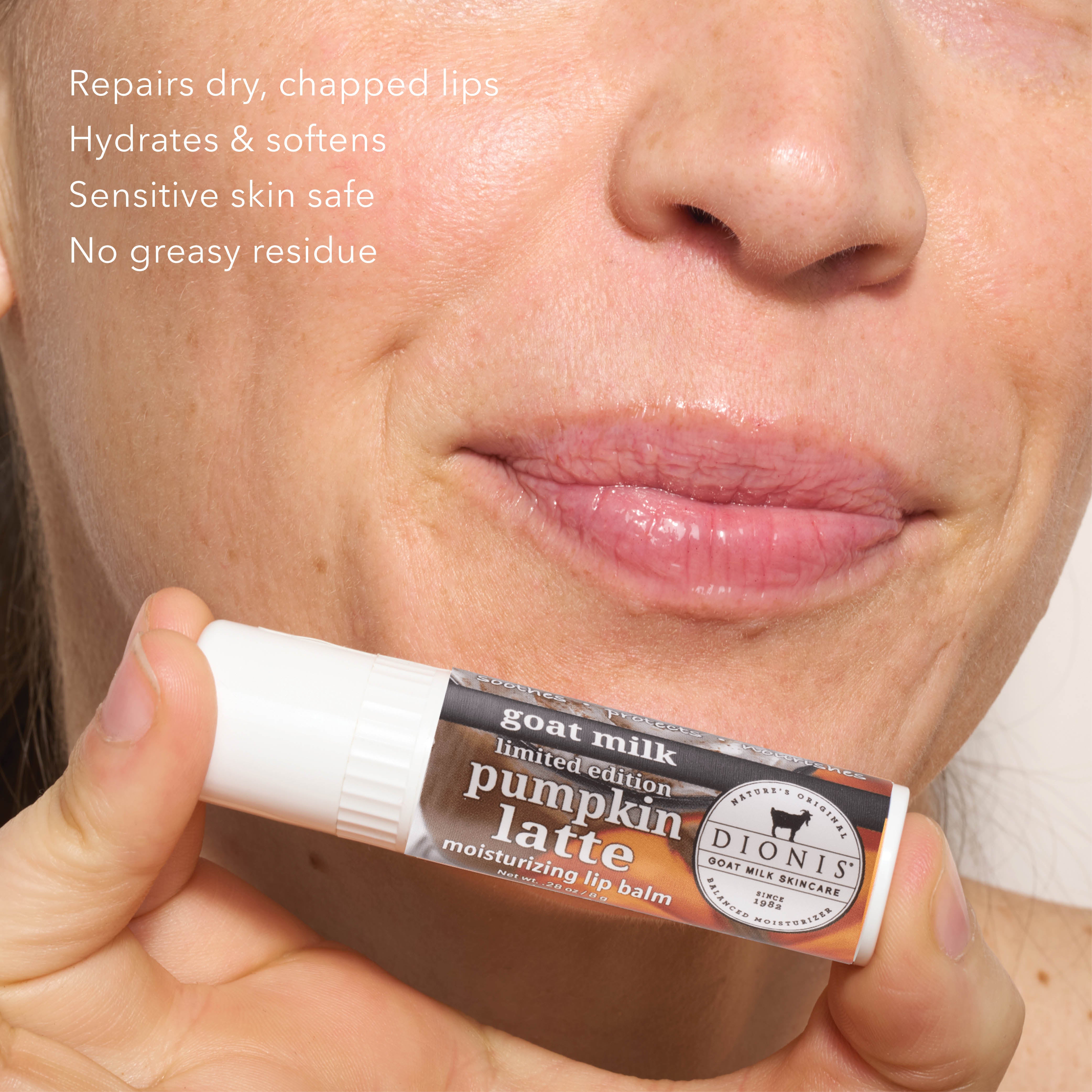 A close up of model applying Dionis Goat Milk Lip Balm, Pumpkin Latte, to lips.
Benefits:
- Repairs dry, chapped lips.
- Hydrates & softens.
- Sensitive skin safe.
- No greasy residue.