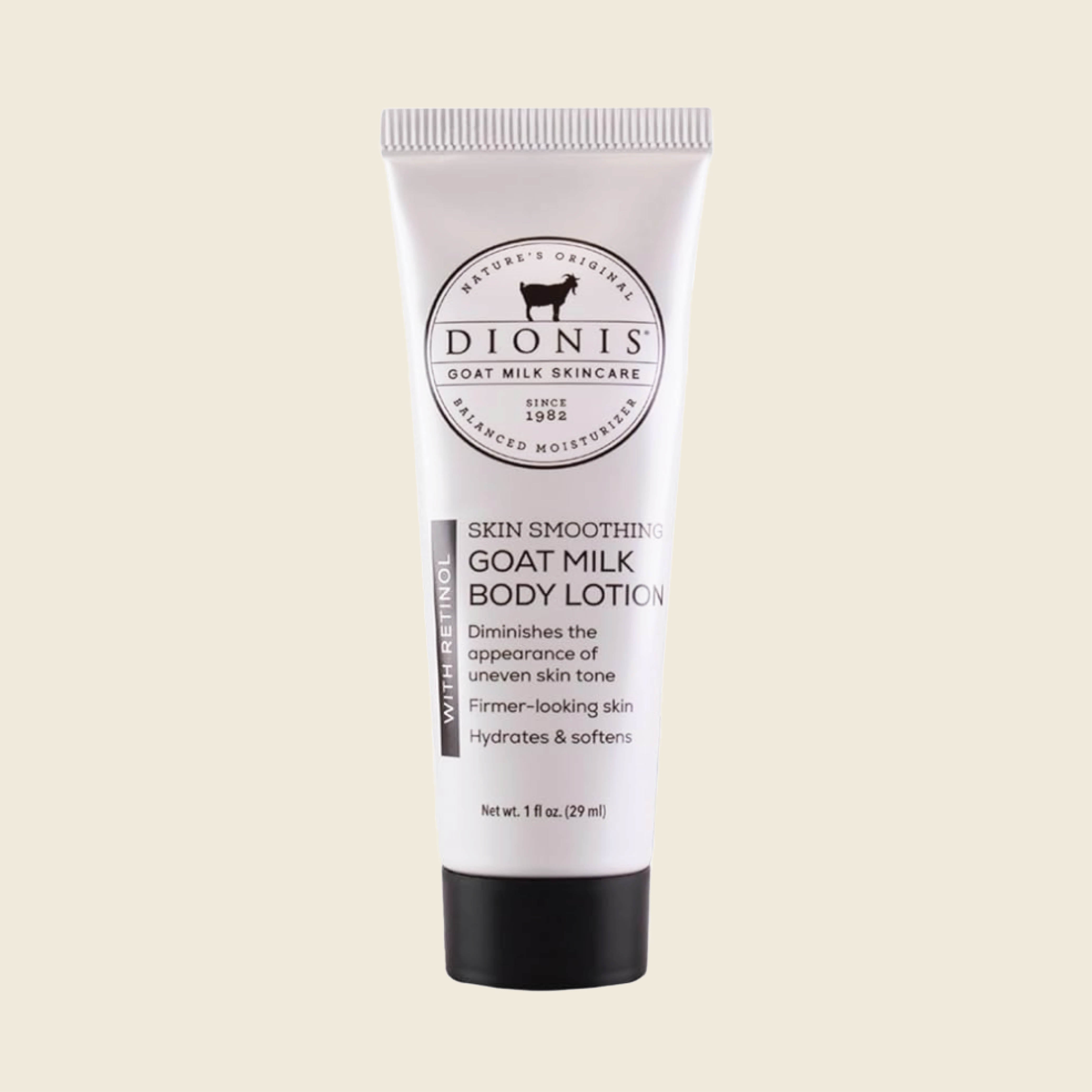 Dionis Goat Milk Skincare Body Lotion with Retinol, 1 oz tube.