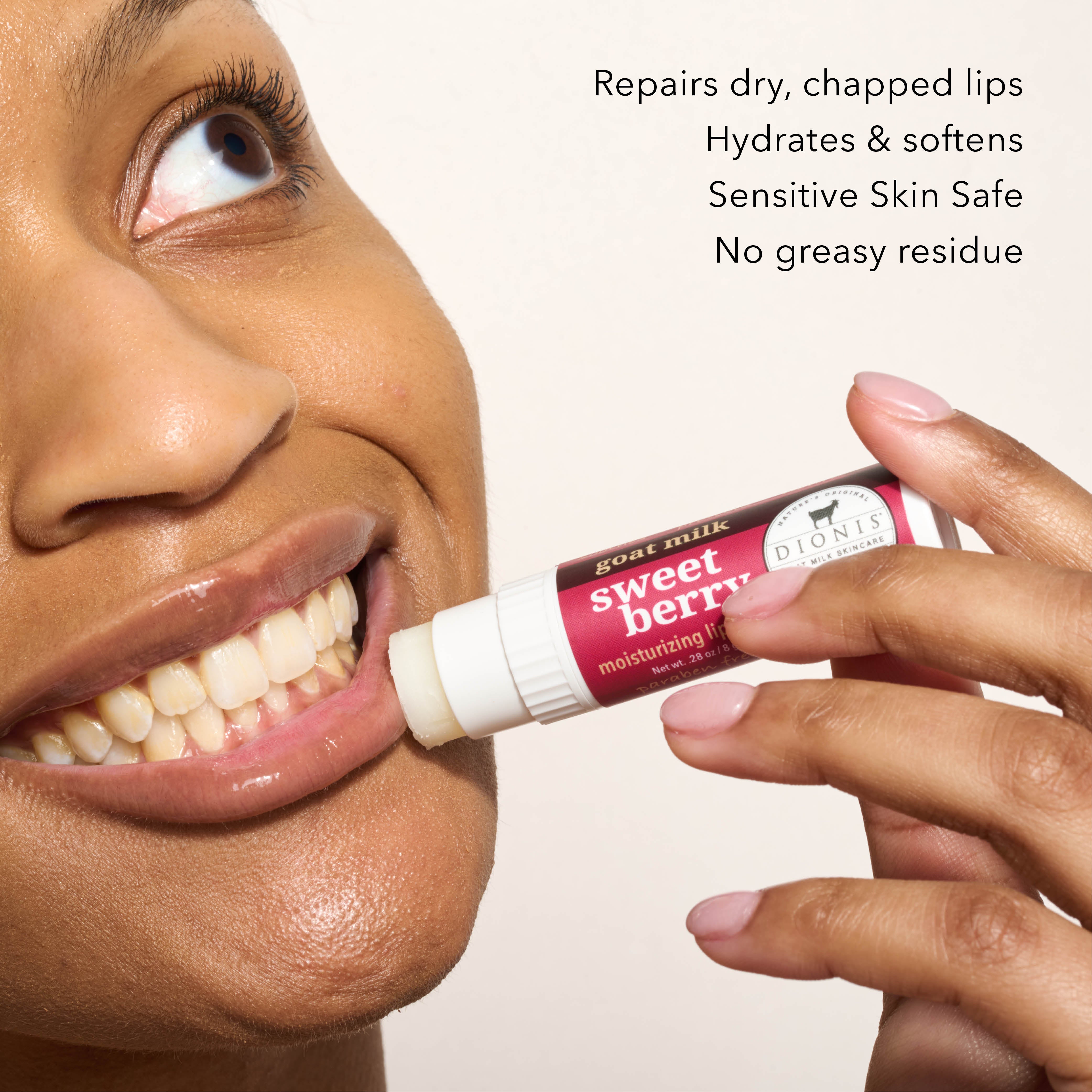 A close up of model applying Dionis Goat Milk Lip Balm, Sweet Berry, to lips.
Benefits:
- Repairs dry, chapped lips.
- Hydrates & softens.
- Sensitive skin safe.
- No greasy residue.