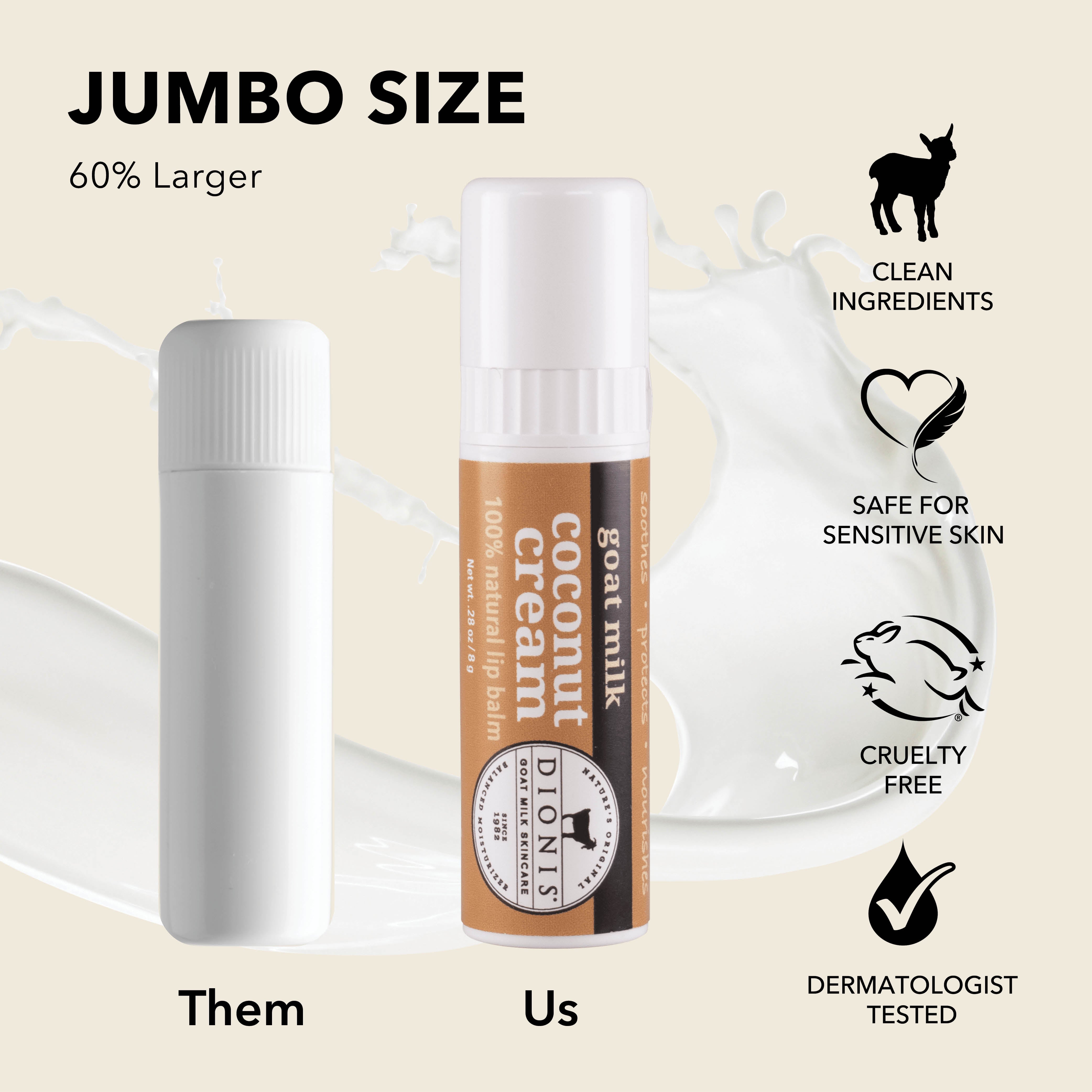 Jumbo Size: Dionis Goat Milk Lip Balms are 60% larger than "other" brands.
Photo shows .15 oz white balm stick next to .28 oz Coconut Cream stick for comparison.