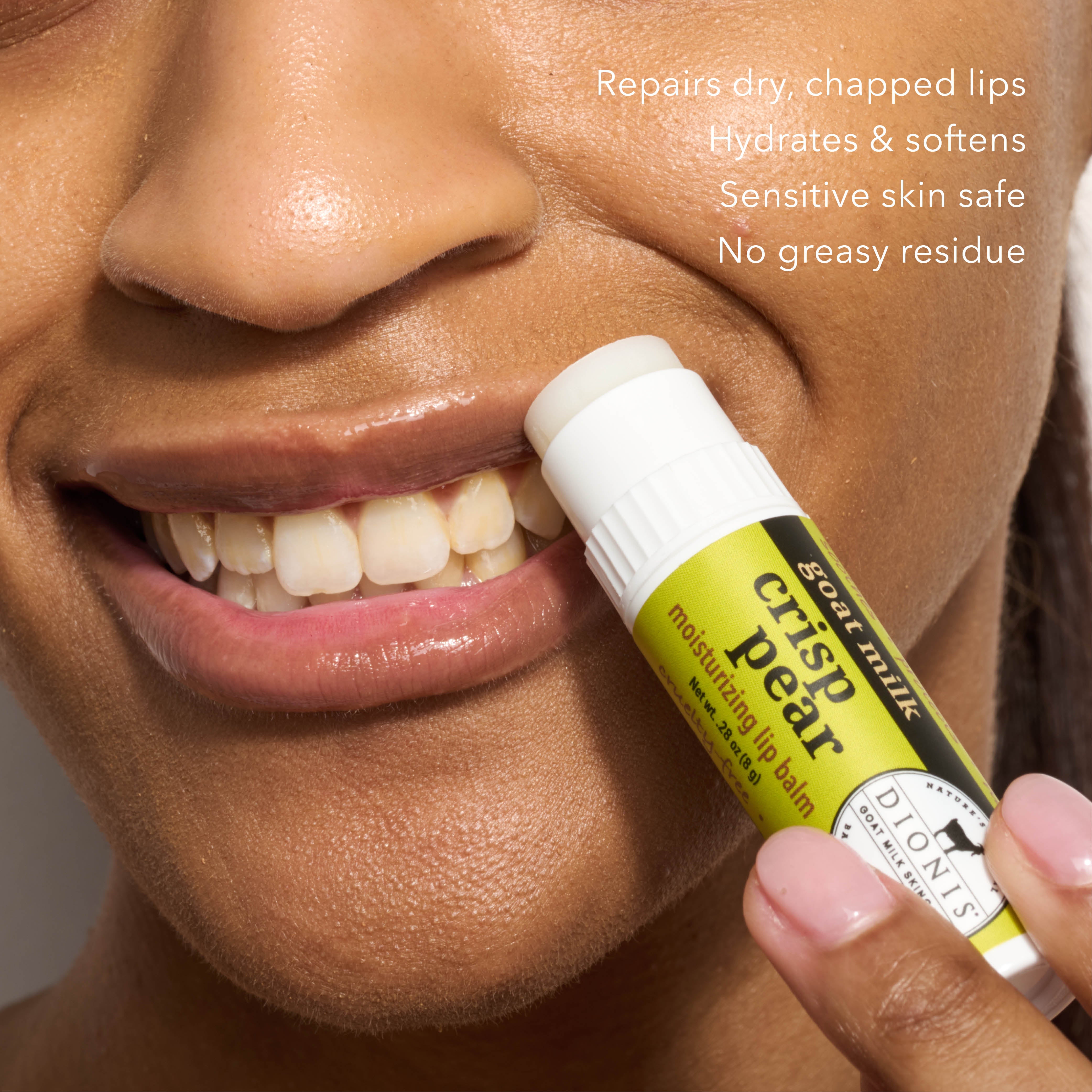 A close up of model applying Dionis Goat Milk Lip Balm, Crisp Pear, to lips.
Benefits:
- Repairs dry, chapped lips.
- Hydrates & softens.
- Sensitive skin safe.
- No greasy residue.