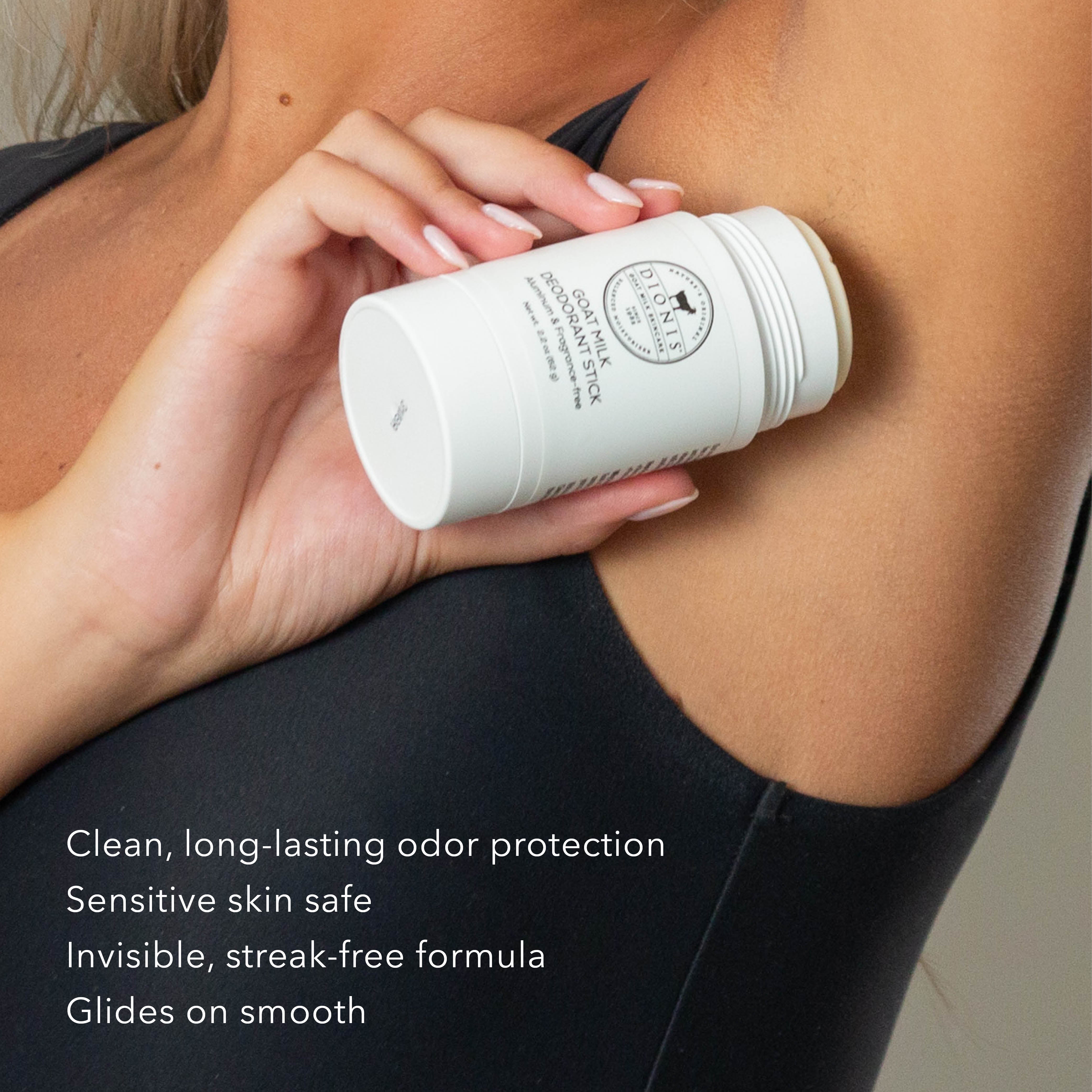 A woman applying Dionis Goat Milk Deodorant to her underarm. Text on the image reads "Clean, long-lasting odor protection. Sensitive Skin Safe. Invisible, streak-free formula. Glides on smooth."