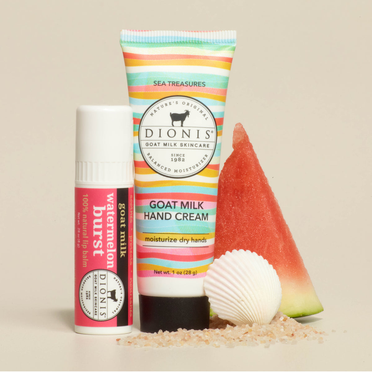 Sweet Treasures Lip & Hand Gift Set
Includes:
1 - Dionis Goat Milk Lip Balm, Watermelon Burst, .28 oz
1 - Dionis Goat Milk Hand Cream, Sea Treasures, 1 oz