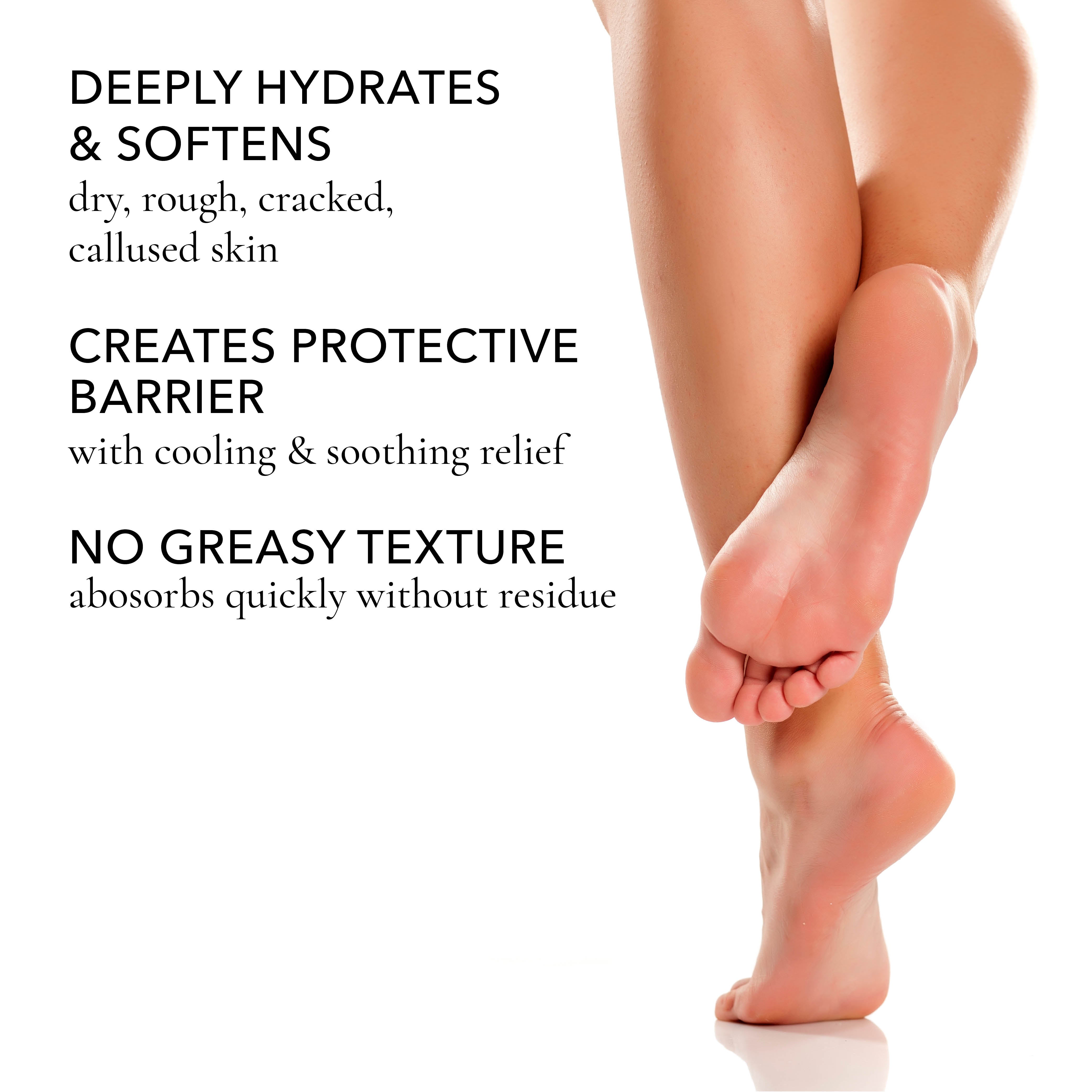 Close-up of a person's bare feet and lower legs against a white background, with black text describing skin benefits such as deep hydration, softening, and protection against dry, rough, cracked, or callused skin.