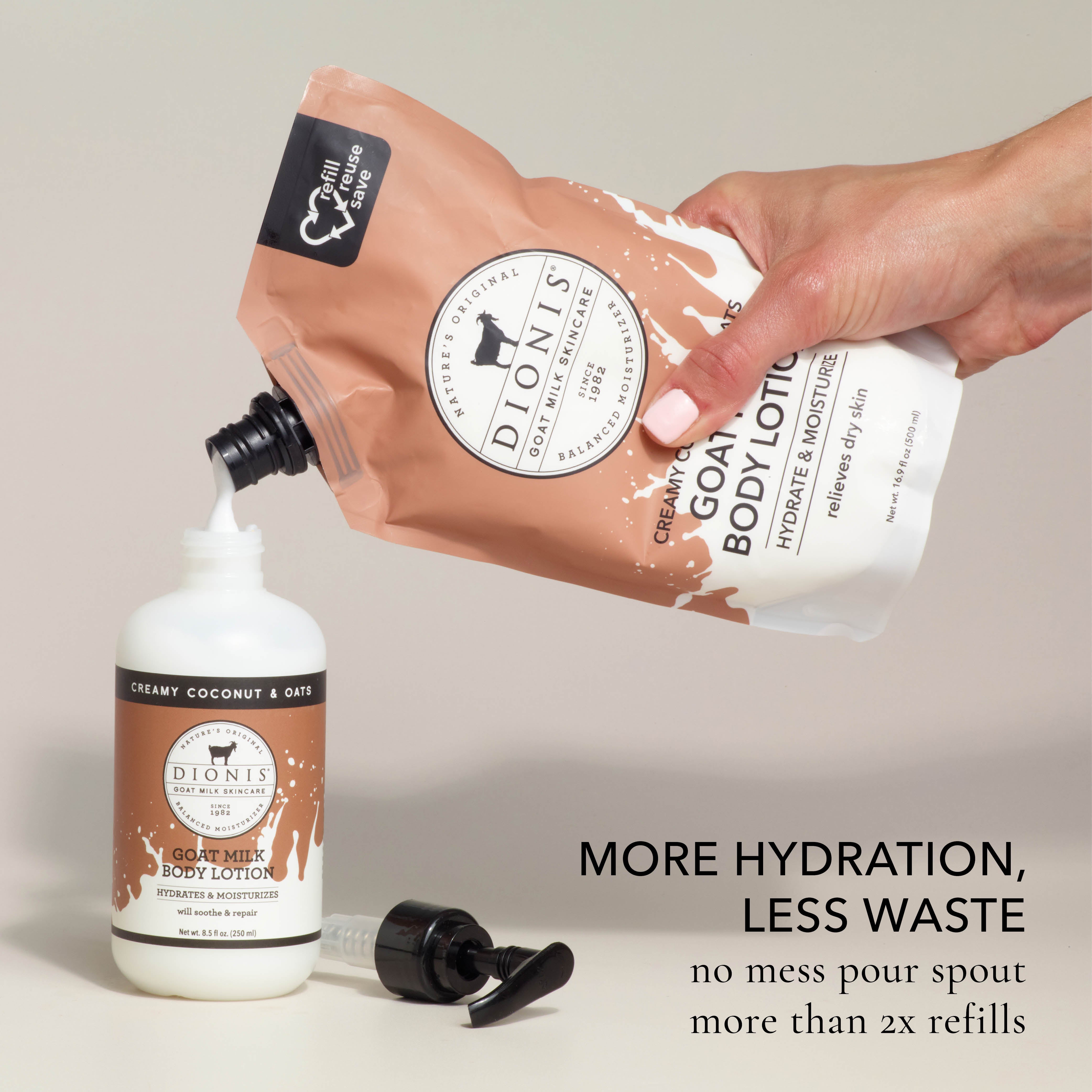 A hand holds a refill pouch of Dionis Goat Skin Body Lotion in Creamy Coconut & Oats above a white bottle, pouring lotion into it.