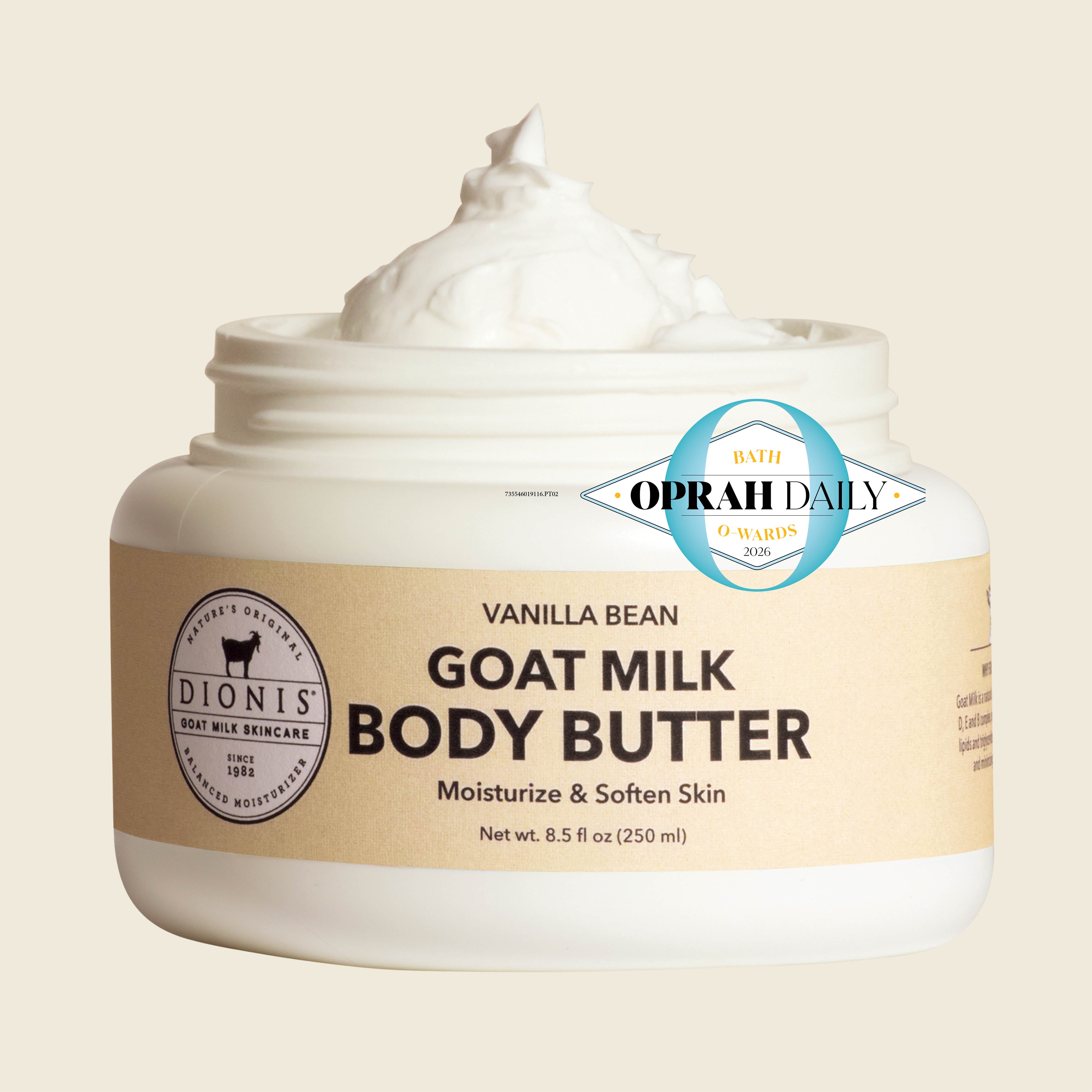A jar of Dionis Vanilla Bean Goat Milk Body Butter with a white cream swirl on top, set against a solid beige background. The jar has a beige label with black text and a blue Oprah Daily With Oprah badge overlay.