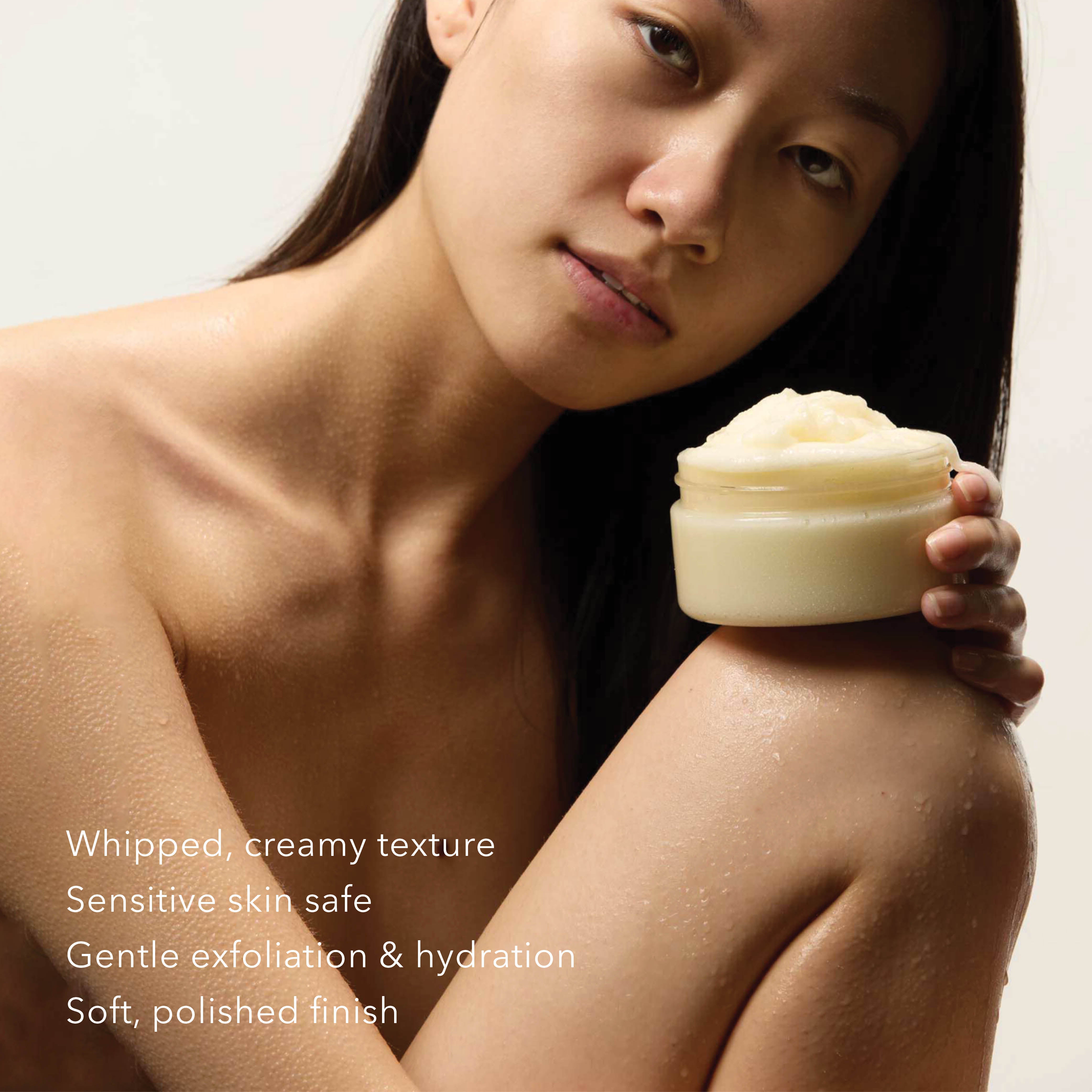 Model holds jar Dionis Goat Milk Skincare Goat Milk Body Scrub on her knee.
Product Highlights:
- Whipped, creamy texture
- Sensitive skin safe
- Gentle exfoliation & hydration
- Soft, polished finish