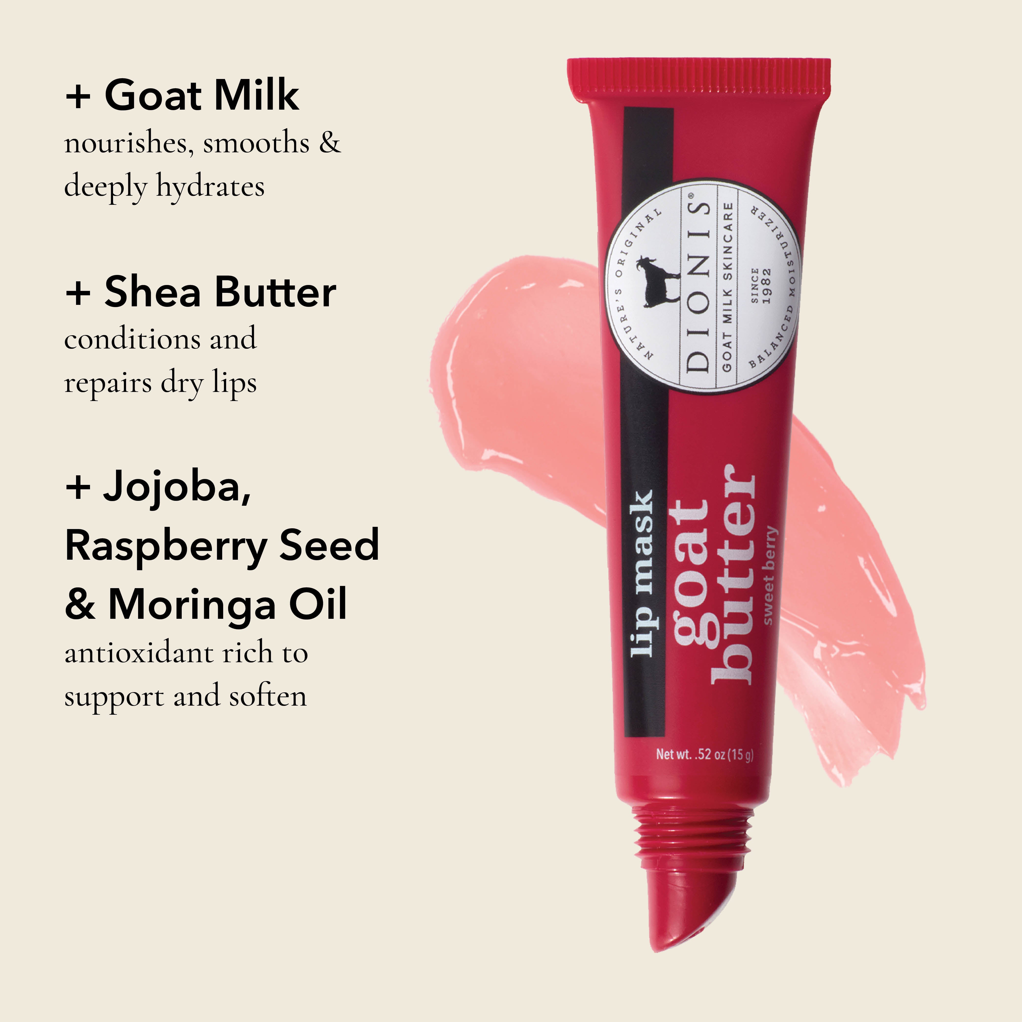 Dionis Goat Butter Lip Mask in Sweet Berry shown on top of a color smear.