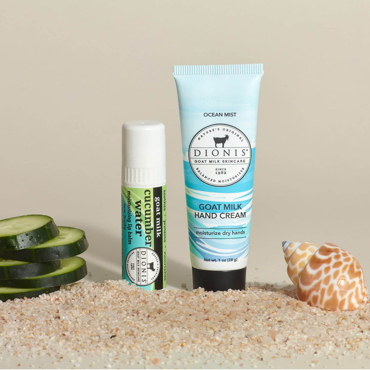 Cucumber Water Lip & Hand Gift Set
Includes:
1 - Dionis Goat Milk Lip Balm, Cucumber Water, 28 oz
1 - Dionis Goat Milk Hand Cream, Ocean Mist, 1 oz