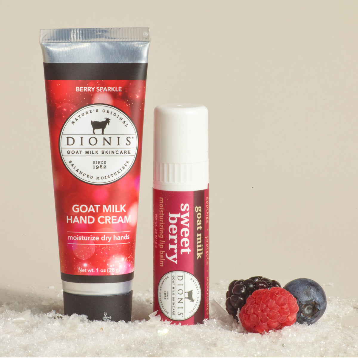 Berry Sparkle Lip & Hand Set
Includes:
1 - Dionis Goat Milk Lip Balm, Sweet Berry
1 - Dionis Goat Milk Hand Cream, Berry Sparkle, 1 oz