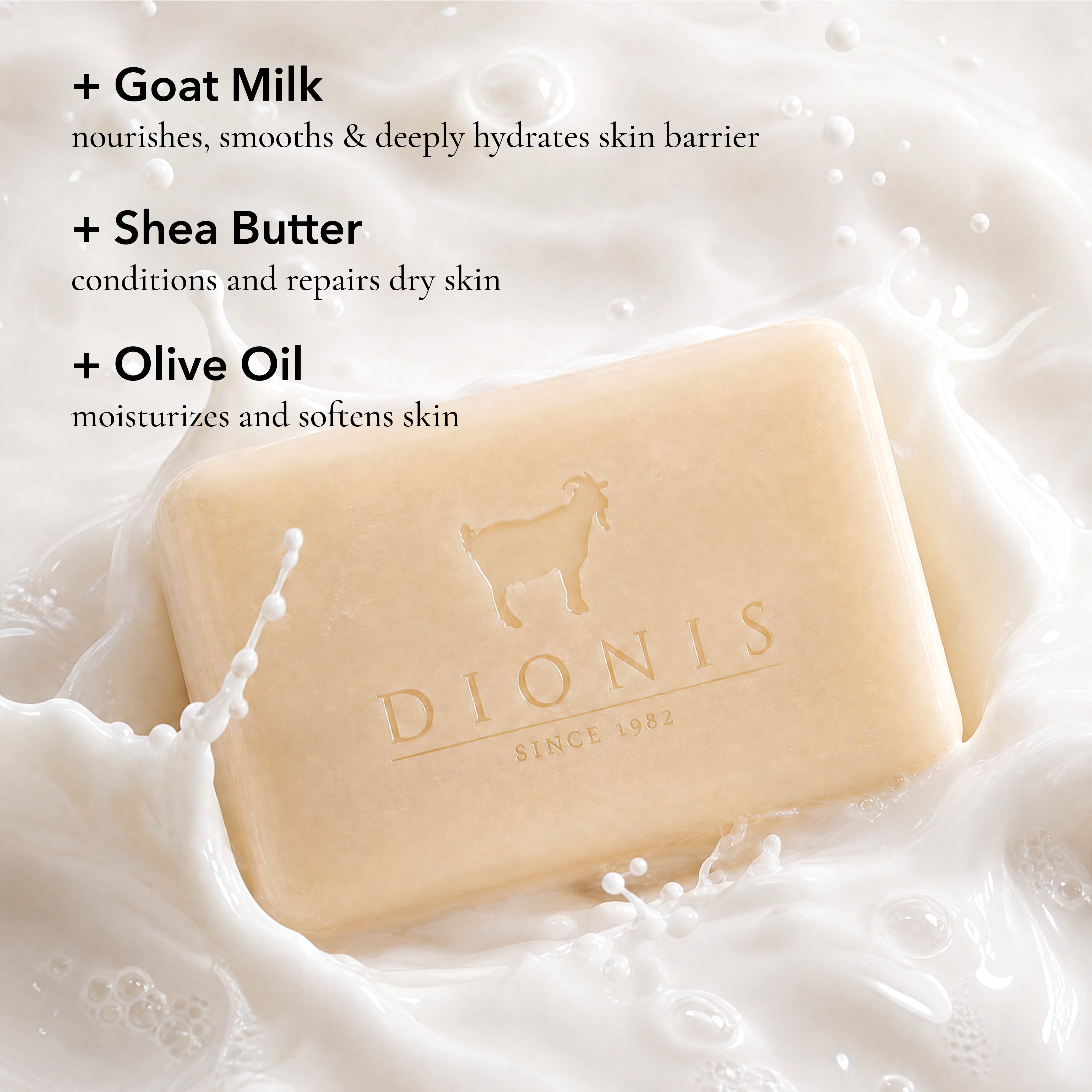 Close up photo of Dionis Goat Milk Bar Soap with brand logo