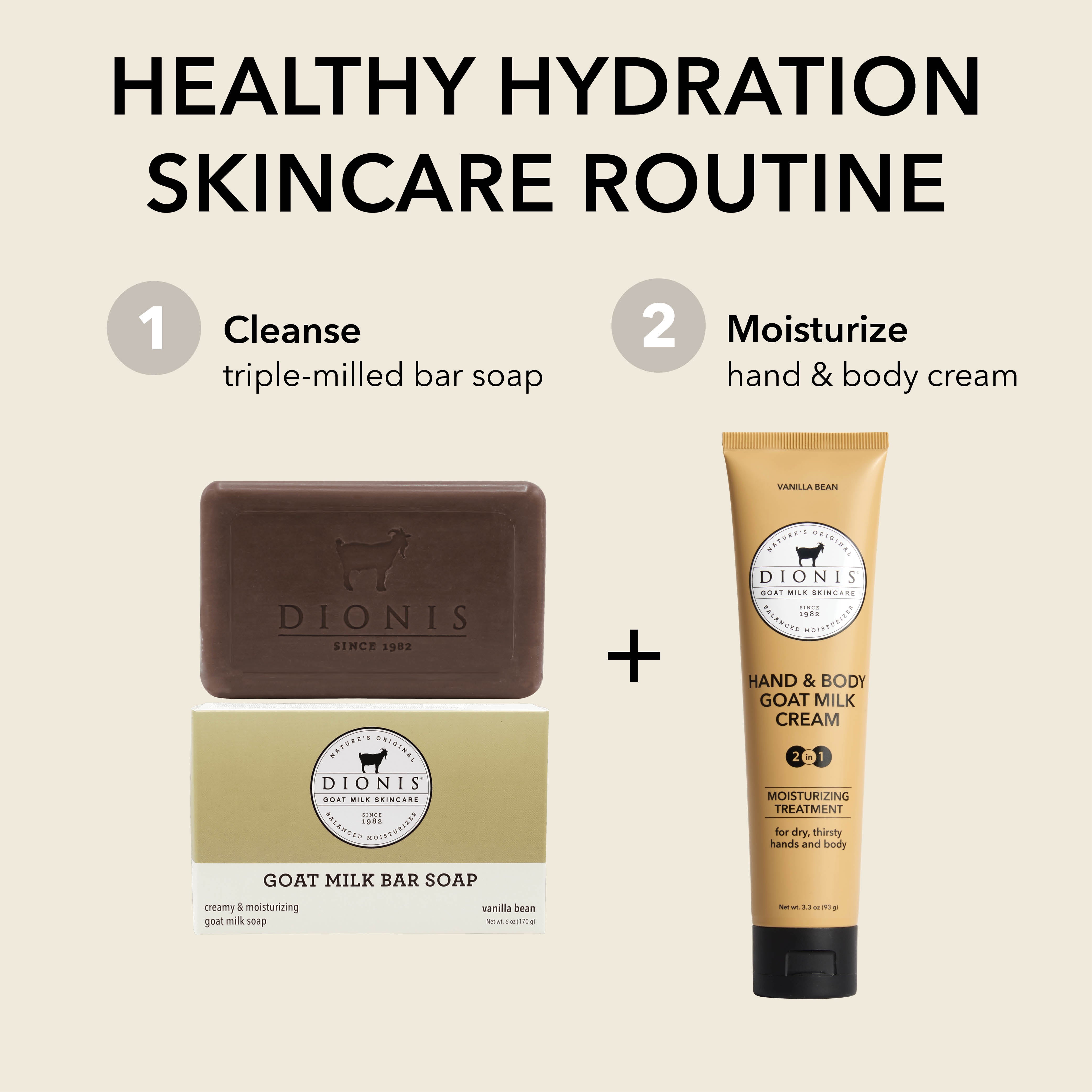 Healthy Hydration Skincare Routine
Step 1: Cleanse
Dionis Goat Milk Bar Soap
Step 2: Moisturize
Dionis Goat Milk Hand & Body Cream
