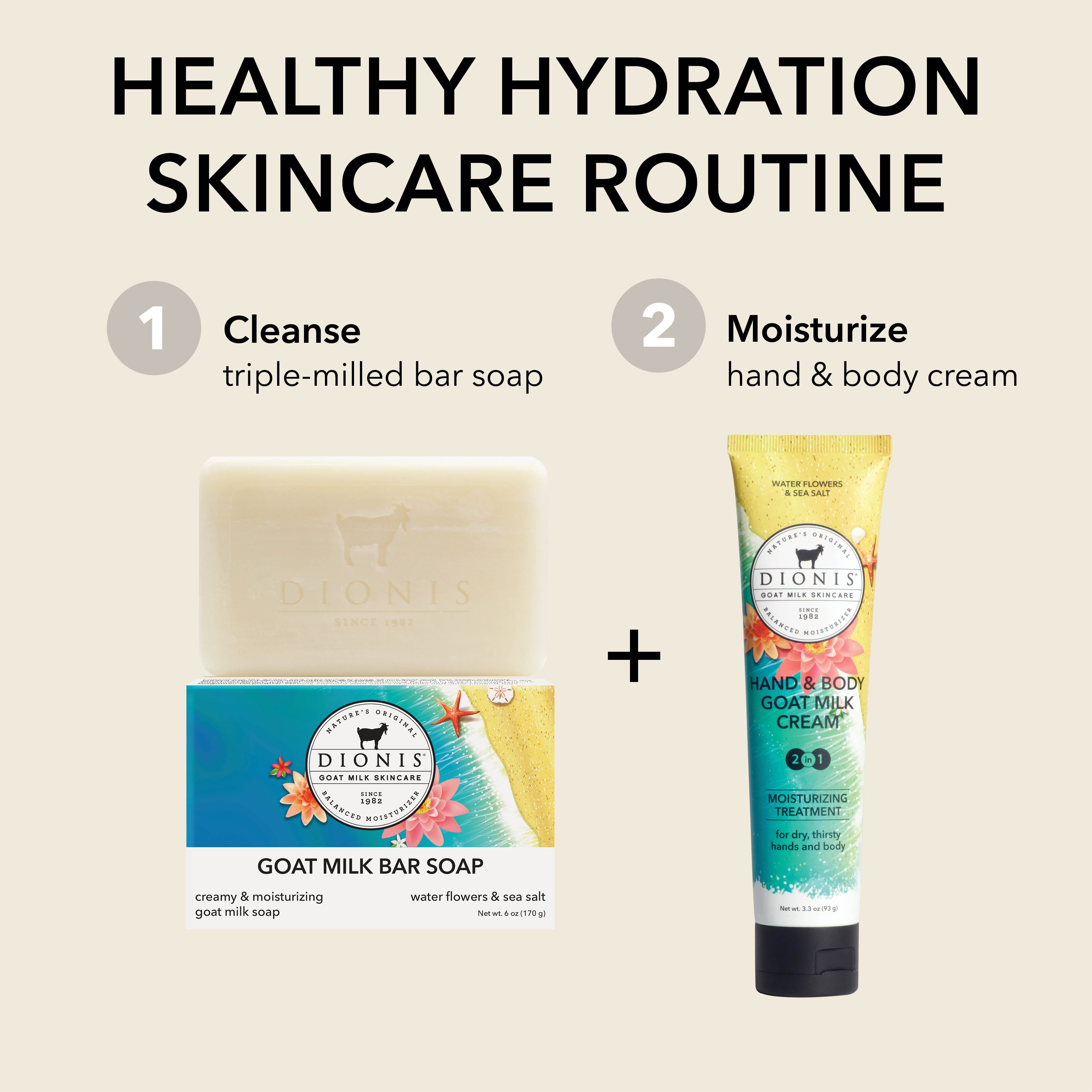 Healthy Hydration Skincare Routine
Step 1: Cleanse
Dionis Goat Milk Bar Soap in Water Flowers & Sea Salt
Step 2: Moisturize
Dionis Hand & Body Goat Milk Cream