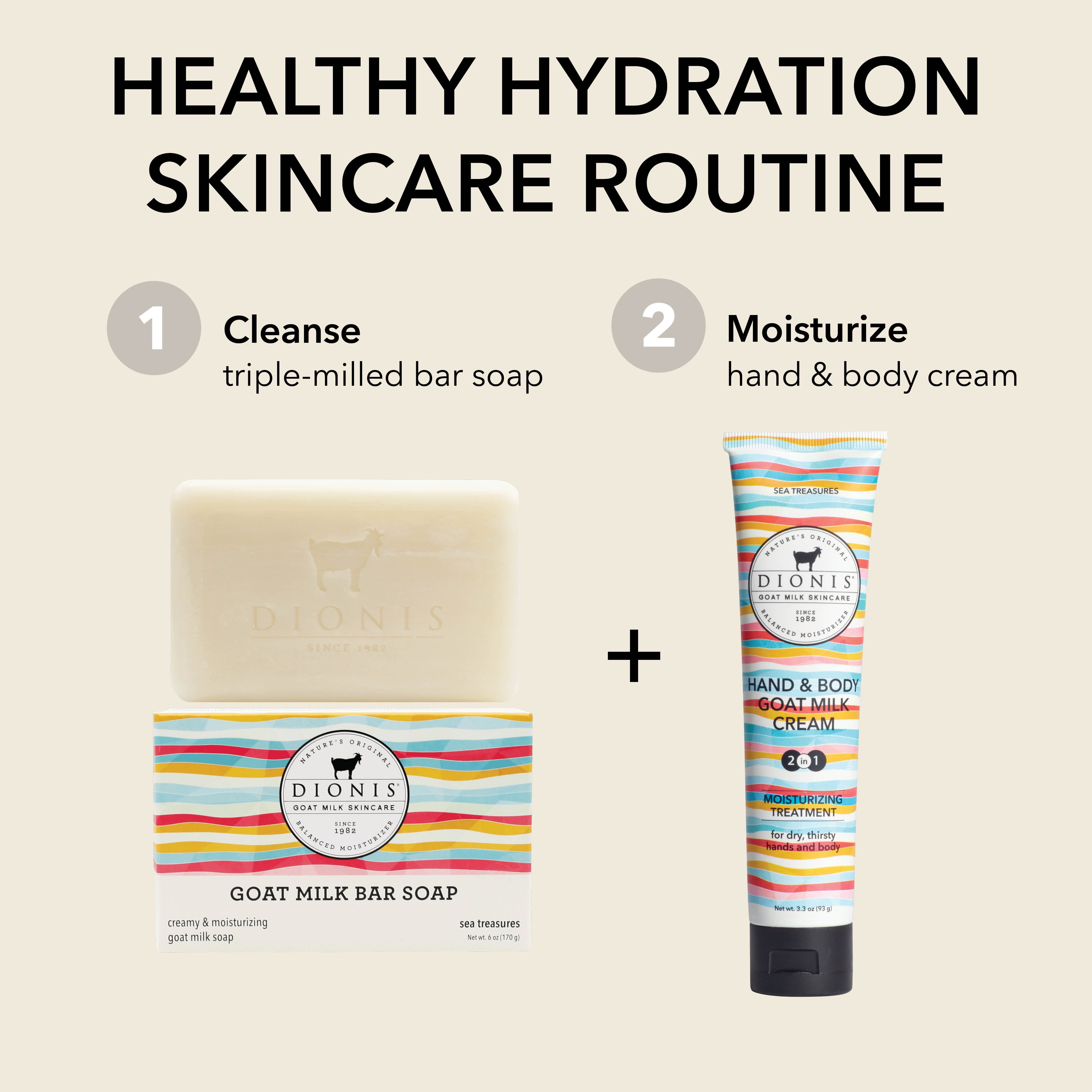 HEALTHY HYDRATION SKINCARE ROUTINE
Step 1: Cleanse
Dionis Goat Milk Bar Soap in Sea Treasures
Step 2: Moisturize
Dionis Hand & Body Goat Milk Cream in Sea Treasures