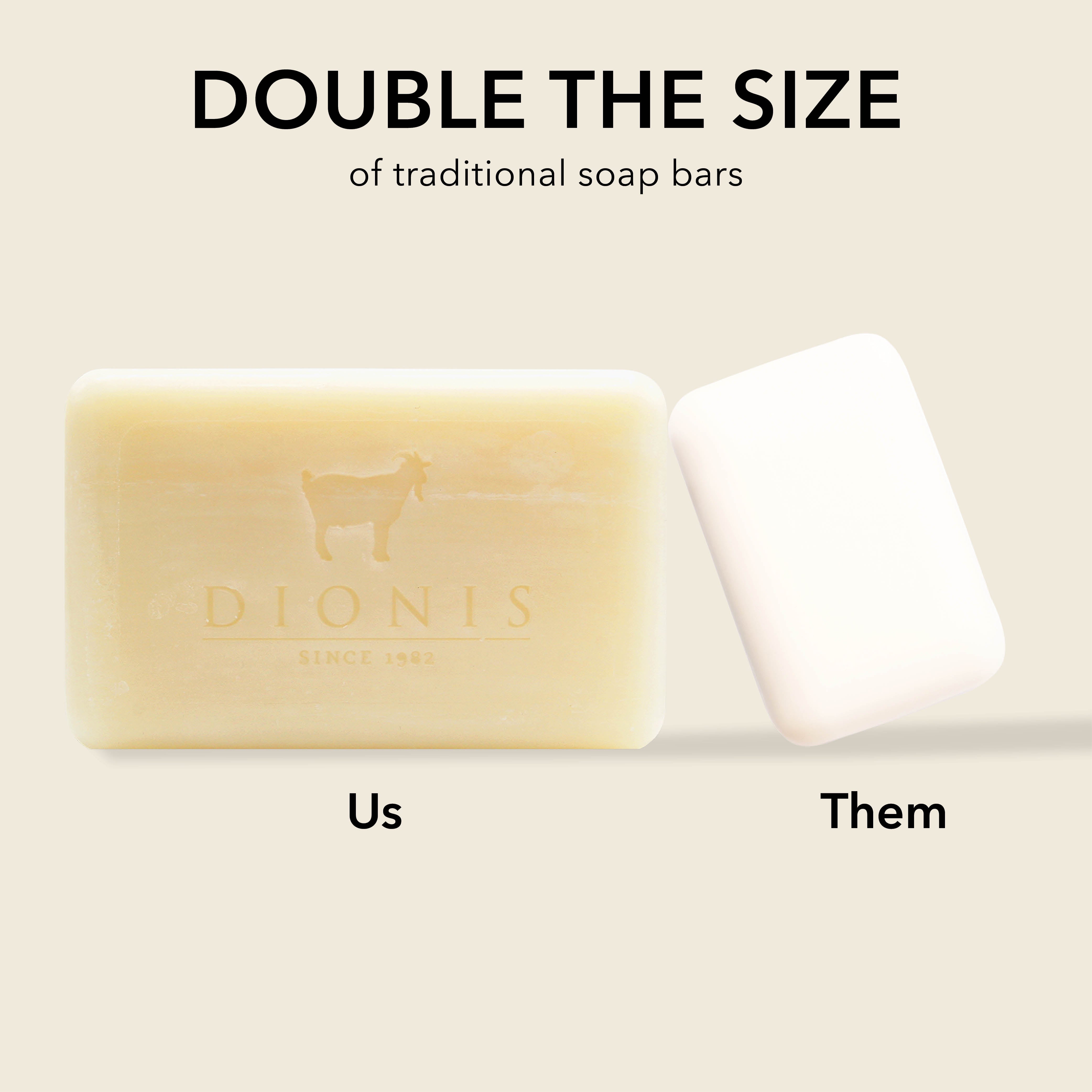 A comparison graphic showing two soap bars on a light beige background with text reading 'DOUBLE THE SIZE of traditional soap bars,' 'Us,' and 'Them.' The left bar is a warm pale yellow with an embossed goat logo and 'DIONIS' branding, and the right bar is white.