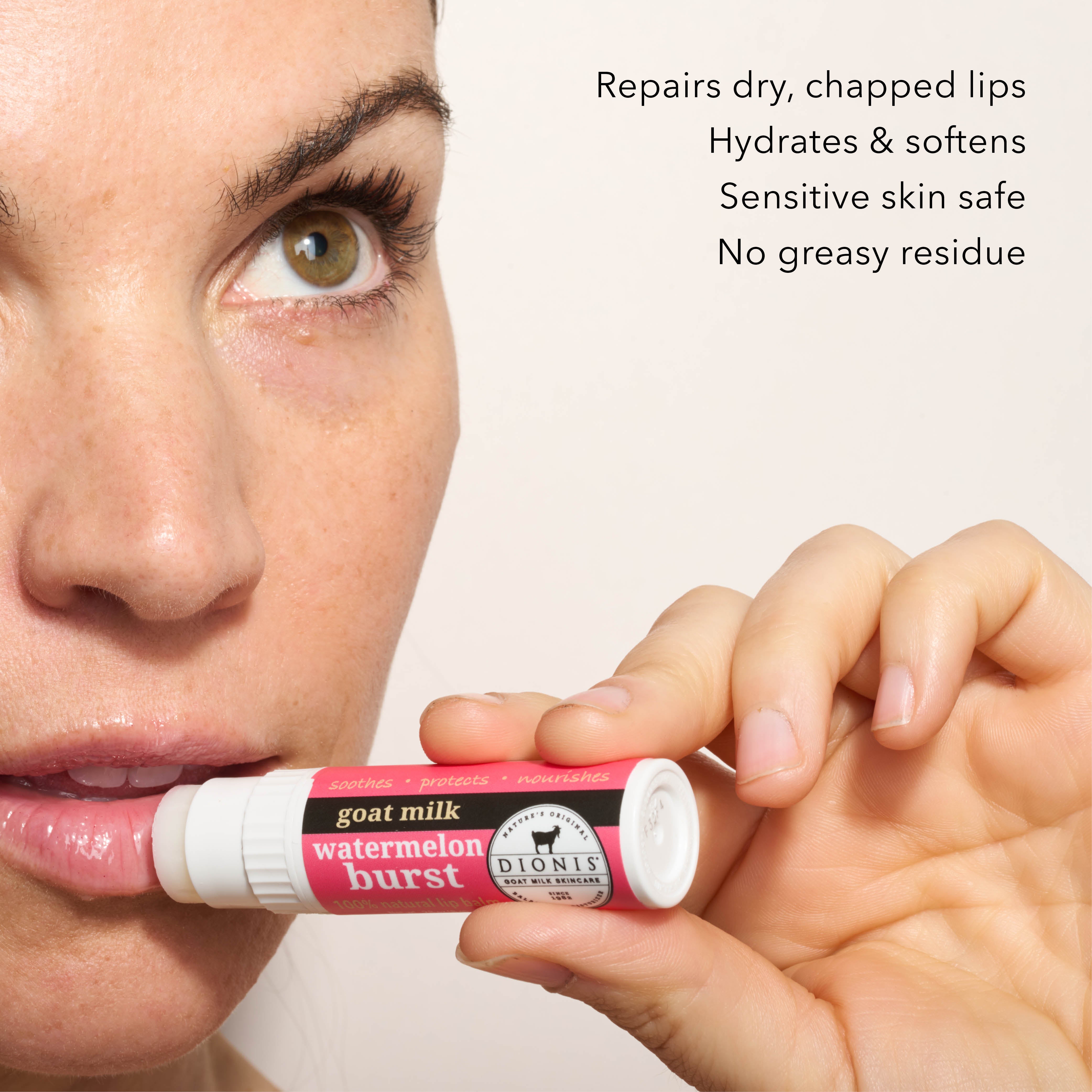 A close up of model applying Dionis Goat Milk Lip Balm, Watermelon Burst, to lips.
Benefits:
- Repairs dry, chapped lips.
- Hydrates & softens.
- Sensitive skin safe.
- No greasy residue.