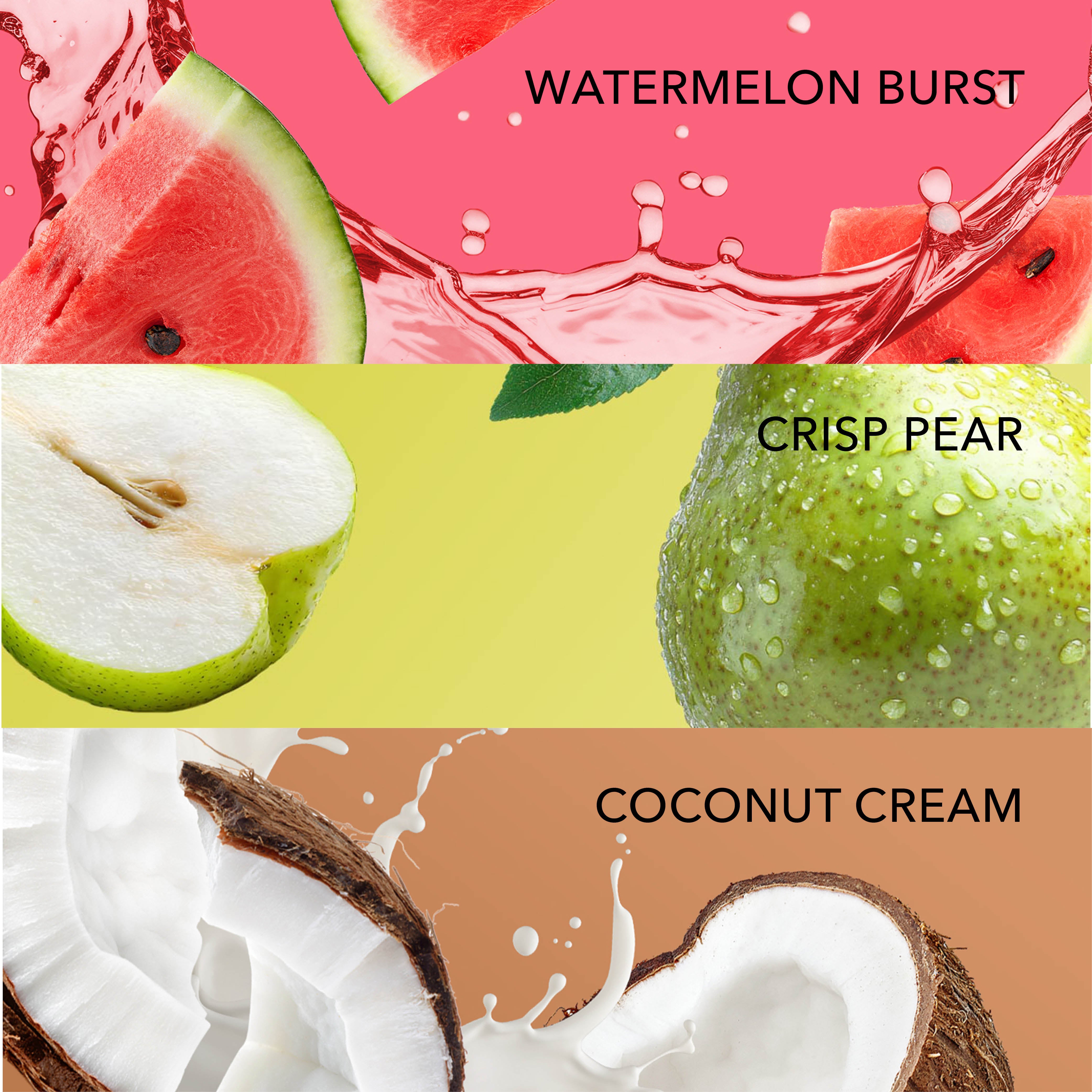 Watermelon Burst: Fresh & fruity, sweet watermelon slices with a touch of citrus, capturing everlasting summer.
Crisp Pear fragrance notes: A luscious, sweet smell of crisp pear with sugar on top.
Coconut Cream fragrance notes: deliciously sweet, creamy coconut with confectioner's sugar on top.