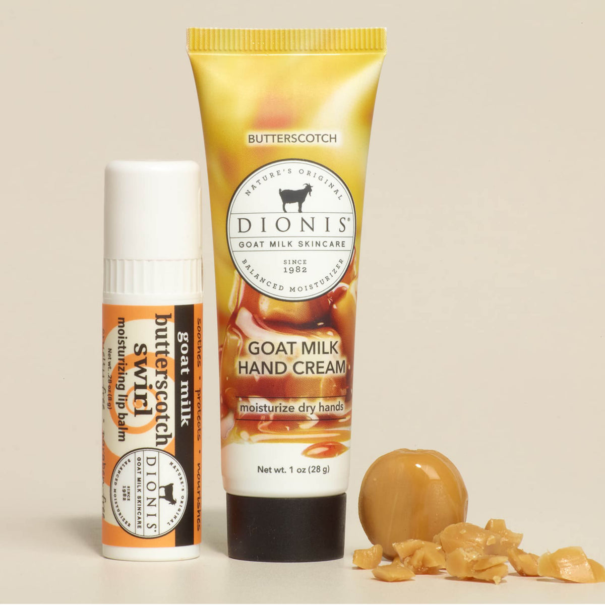 Butterscotch Swirl Lip & Hand Gift Set
Includes:
1 - Dionis Goat Milk Lip Balm, Butterscotch Swirl, .28 oz
1 - Dionis Goat Milk Hand Cream, Butterscotch, 1 oz