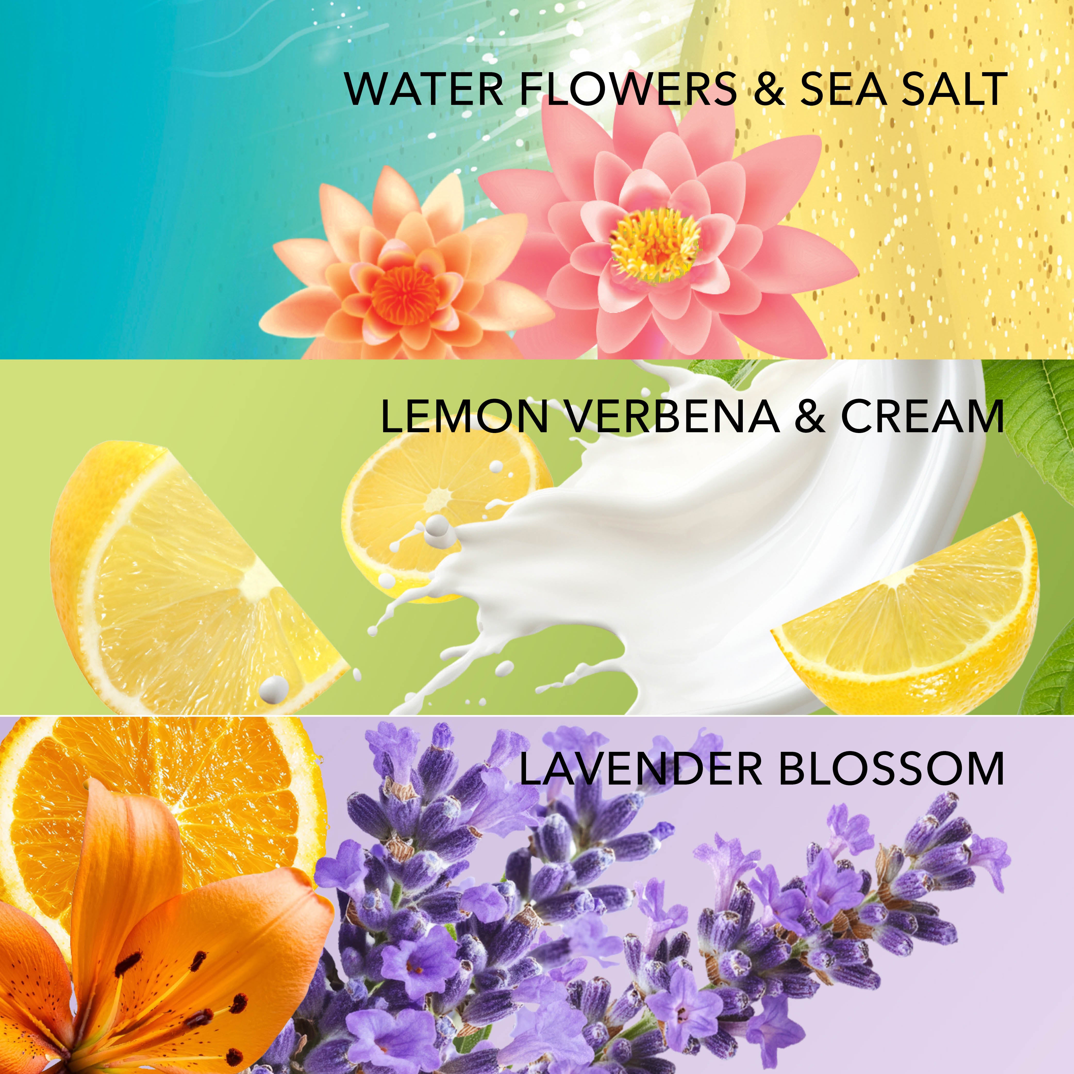Three fragrance profiles of the Fresh & Floral bundle: Water Flowers & Sea Salt shown with a beachy background, Lemon Verbena & Cream shown as a fresh lemon falling into goat milk, and Lavender Blossom shown as fresh lavenders and a sliced orange