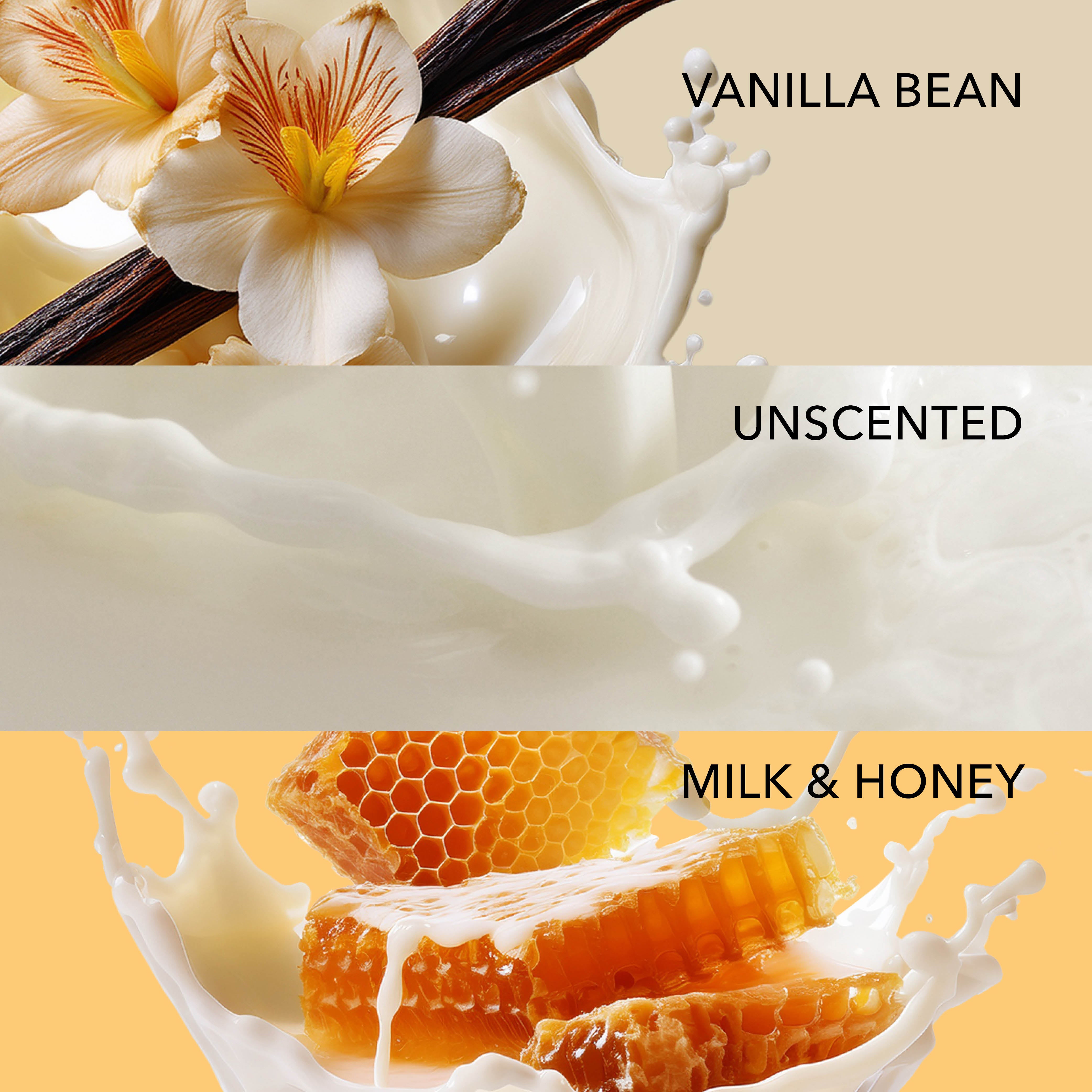 Fragrance Profiles showing Vanilla Bean as a flower on top of a splash of milk, Unscented as splashing goat milk, and Milk & Honey as slices of honeycomb splashing into milk