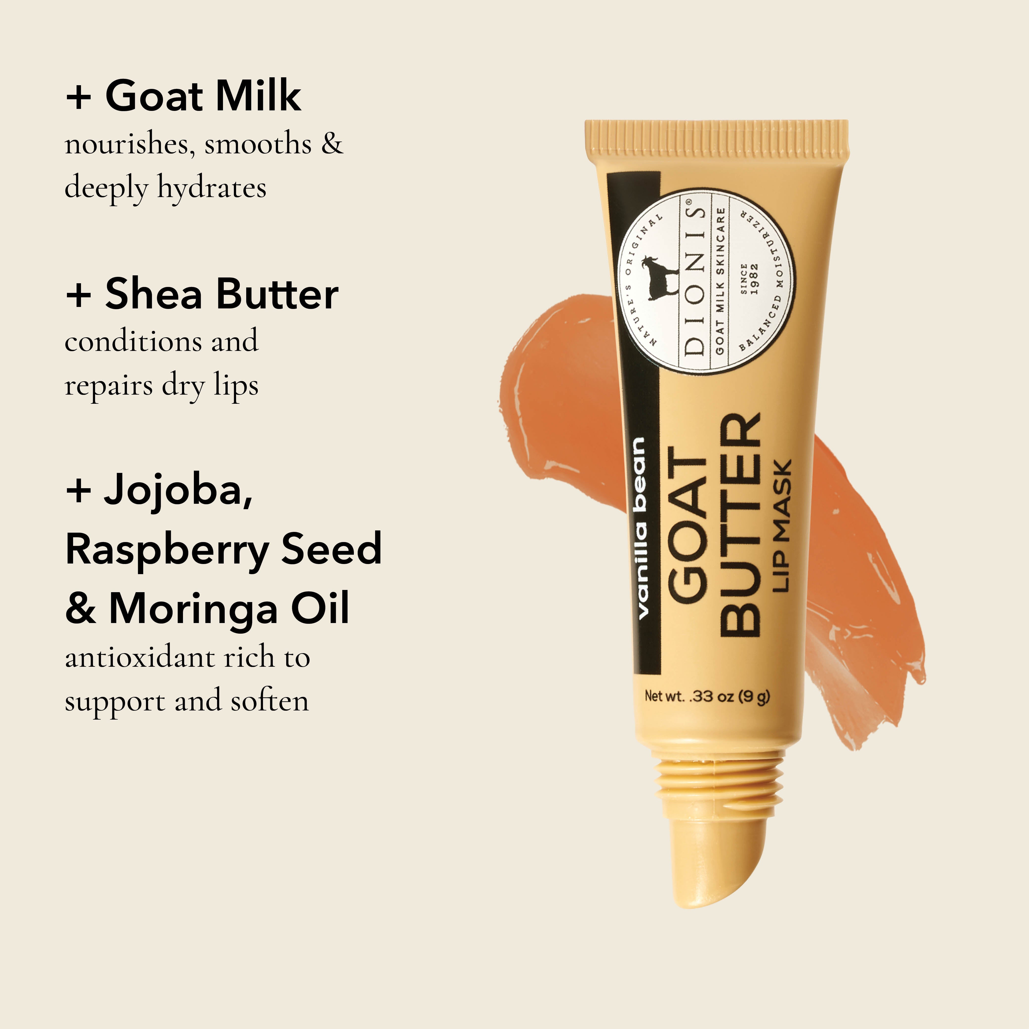 Dionis Goat Butter Lip Mask in Vanilla Bean laying on smear to show color.