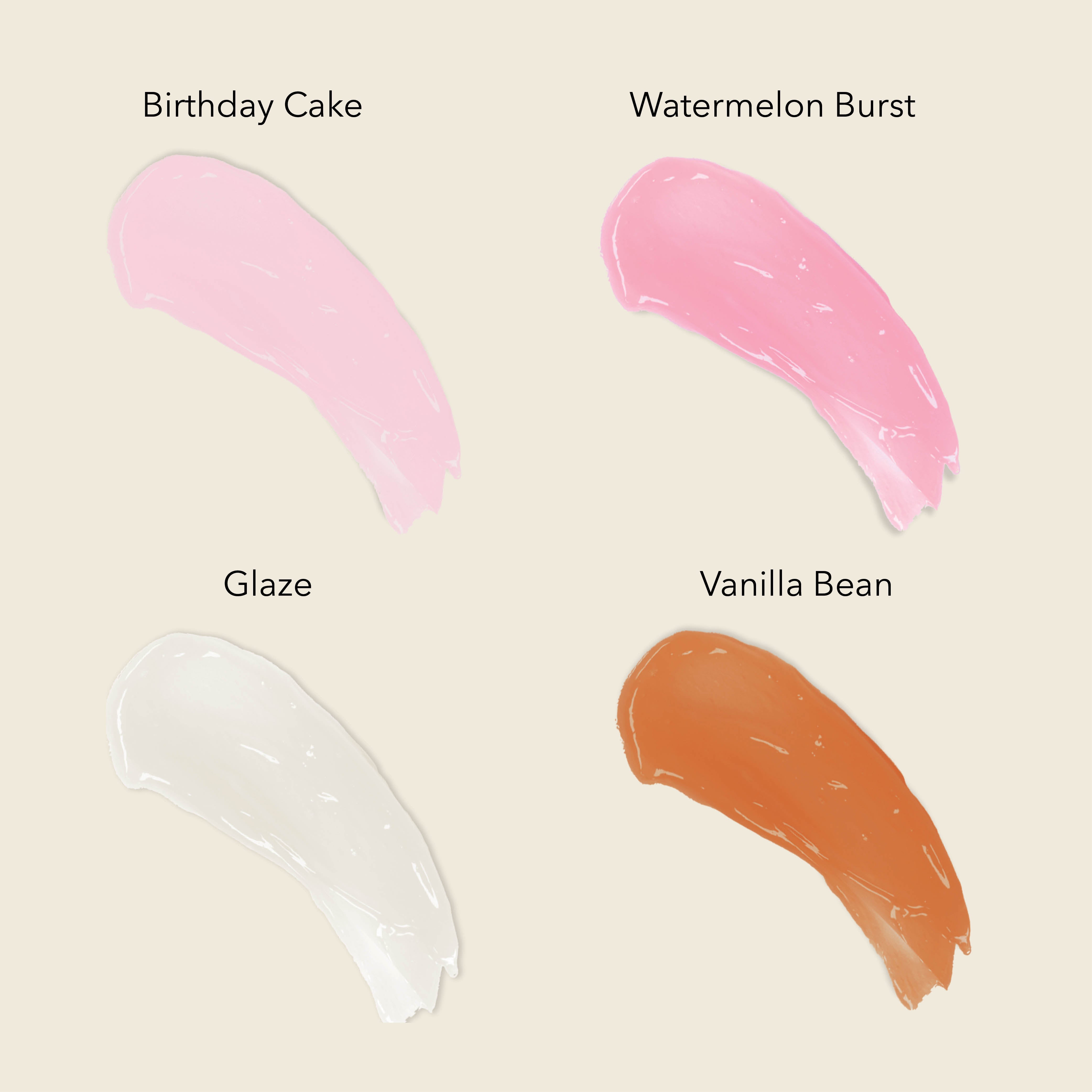 Four swatches of Dionis Goat Butter Lip Masks:
Birthday Cake, Watermelon Burst, Glaze, and Vanilla Bean