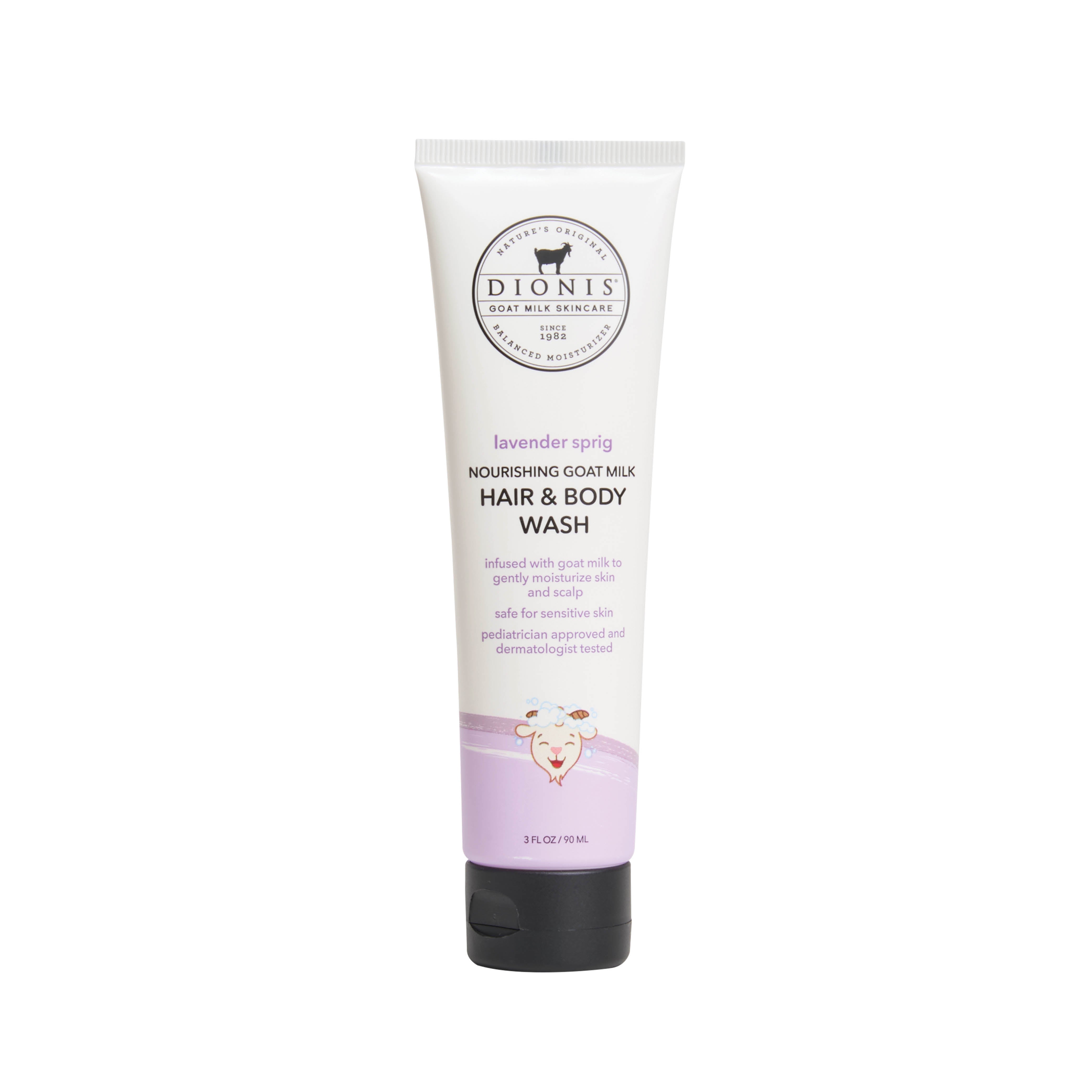 A 3 fl oz squeeze tube of Dionis Lavender Sprig Nourishing Goat Milk Hair & Body Wash, featuring a white tube with lavender purple accents and a black cap, set against a plain white background.