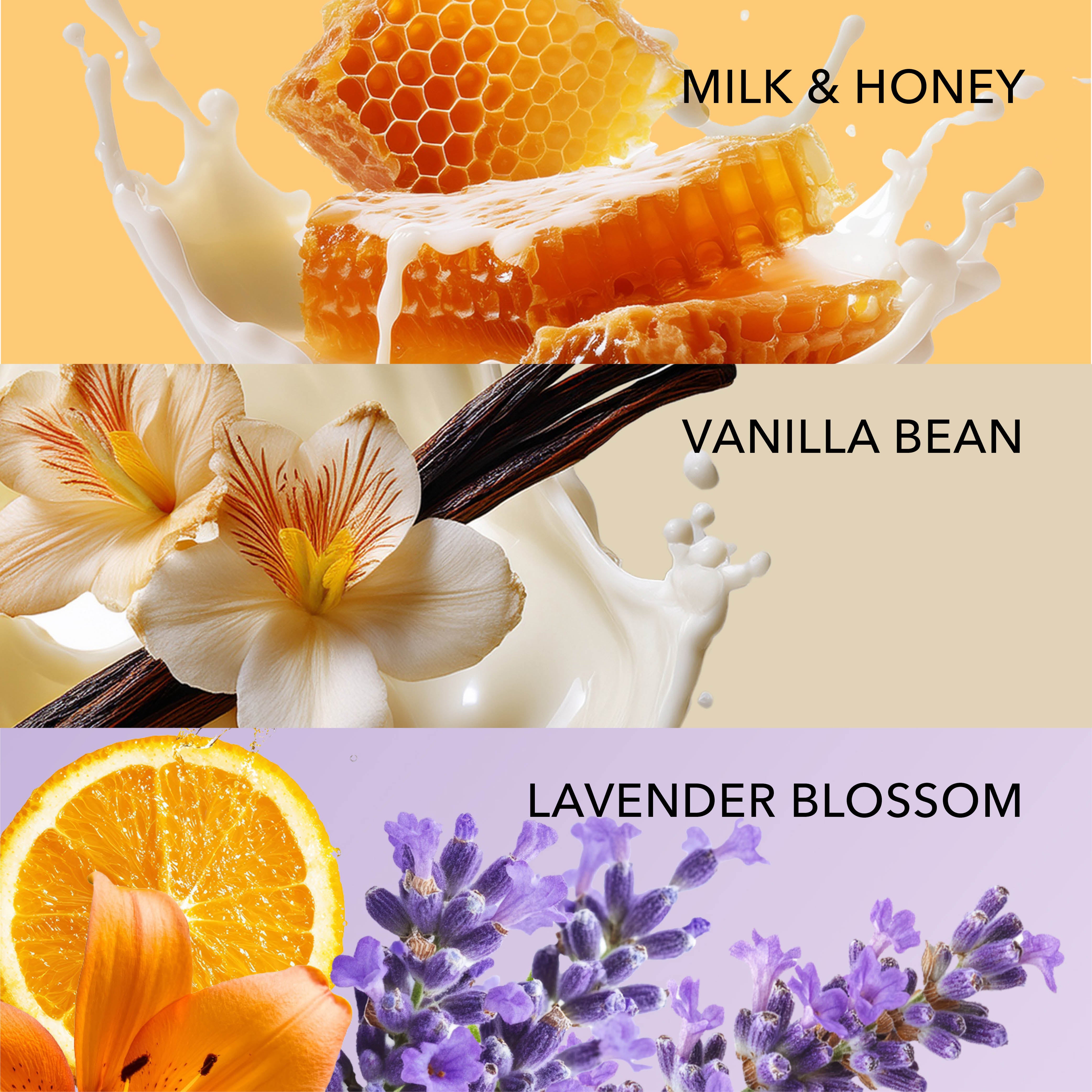 Honey combs splashing into milk, vanilla flowers over milk, and an orange slice next to fresh lavender flowers