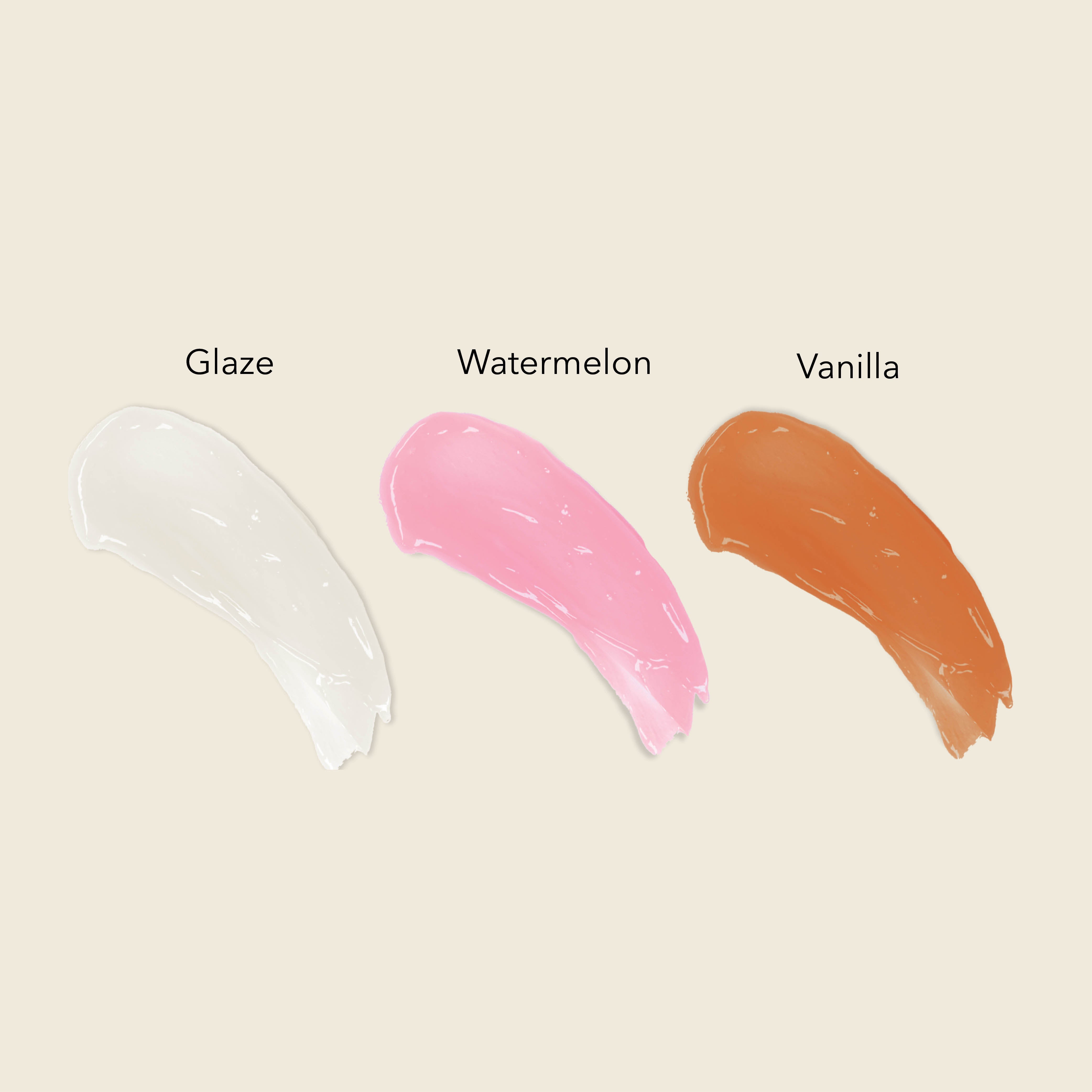 Swatches showing colors of Dionis Goat Butter Lip Masks in flavors Glaze, Watermelon Burst, and Mango Madness