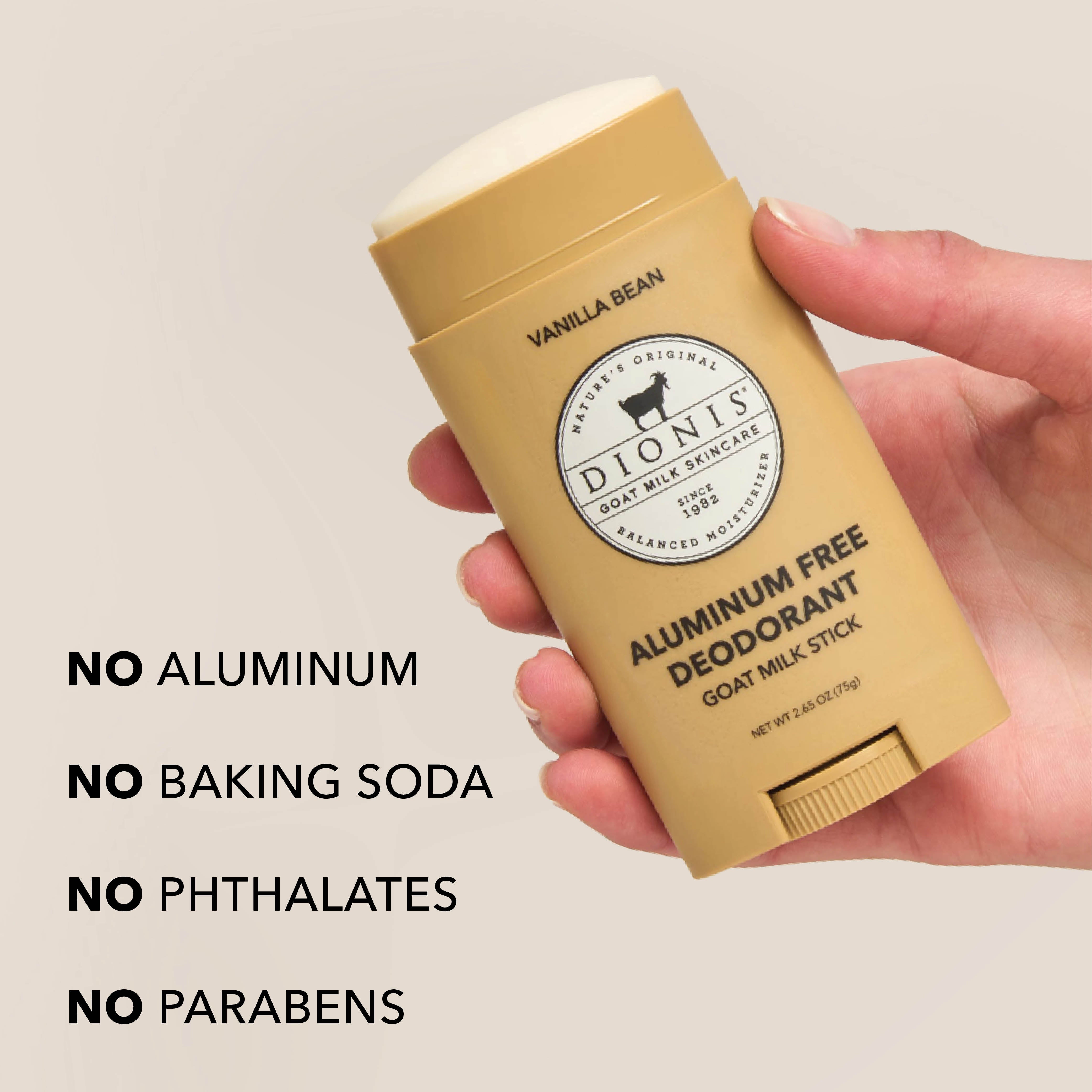 Hand holding Dionis Vanilla Bean Goat Milk Deodorant Stick. Text on the image reads "No Aluminum. No Baking Soda. No Phthalates. No Parabens."