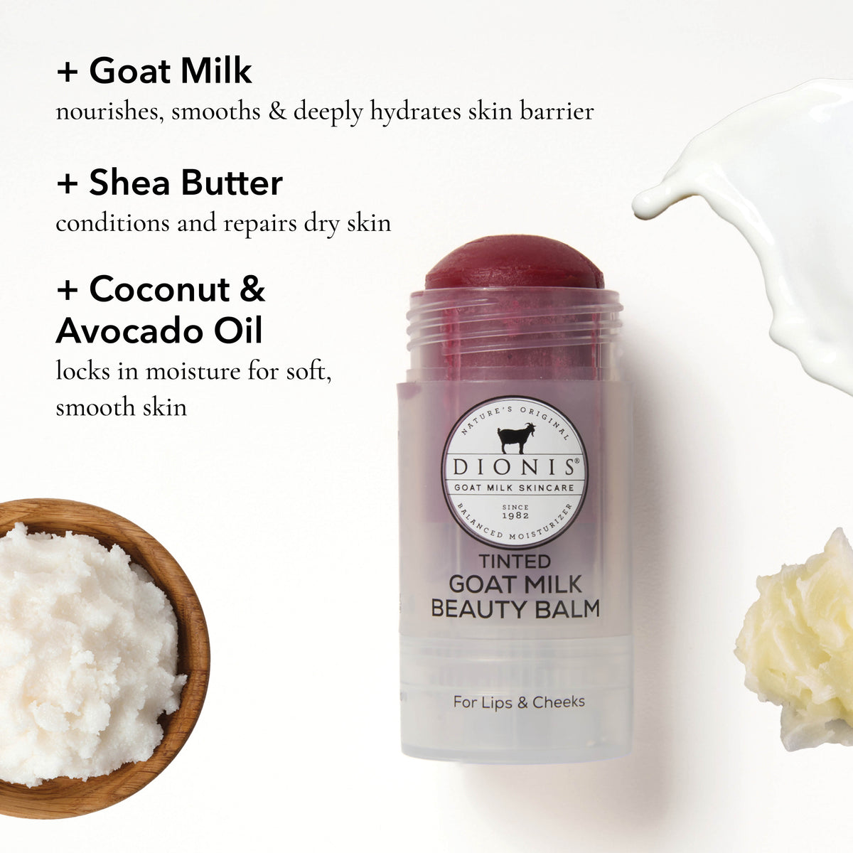 Dionis Tinted Goat Milk Beauty Balm, Petal
Ingredient Highlights
+ Goat Milk: Nourishes, smooths & deeply hydrates skin barrier.
+ Shea Butter: Conditions and repairs dry skin.
+ Coconut & Avocado Oil: Locks in moisture for soft, smooth skin.