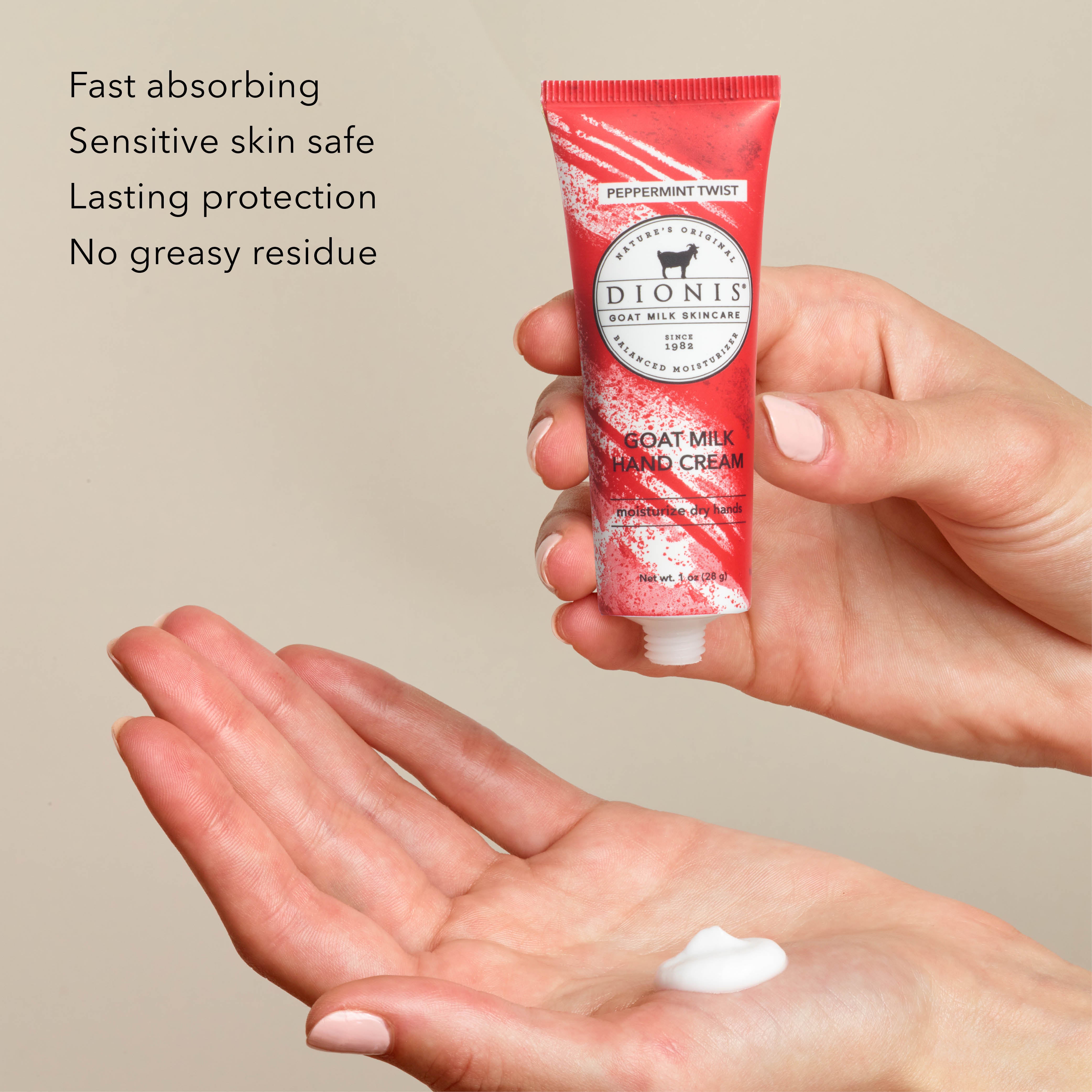 A hand holds a squeeze tube of Dionis Goat Milk Hand Cream with peppermint twist, positioned above another hand displaying a small dollop of the white cream. Text on the left highlights product benefits: fast absorbing, sensitive skin safe, lasting protection, and no greasy residue.