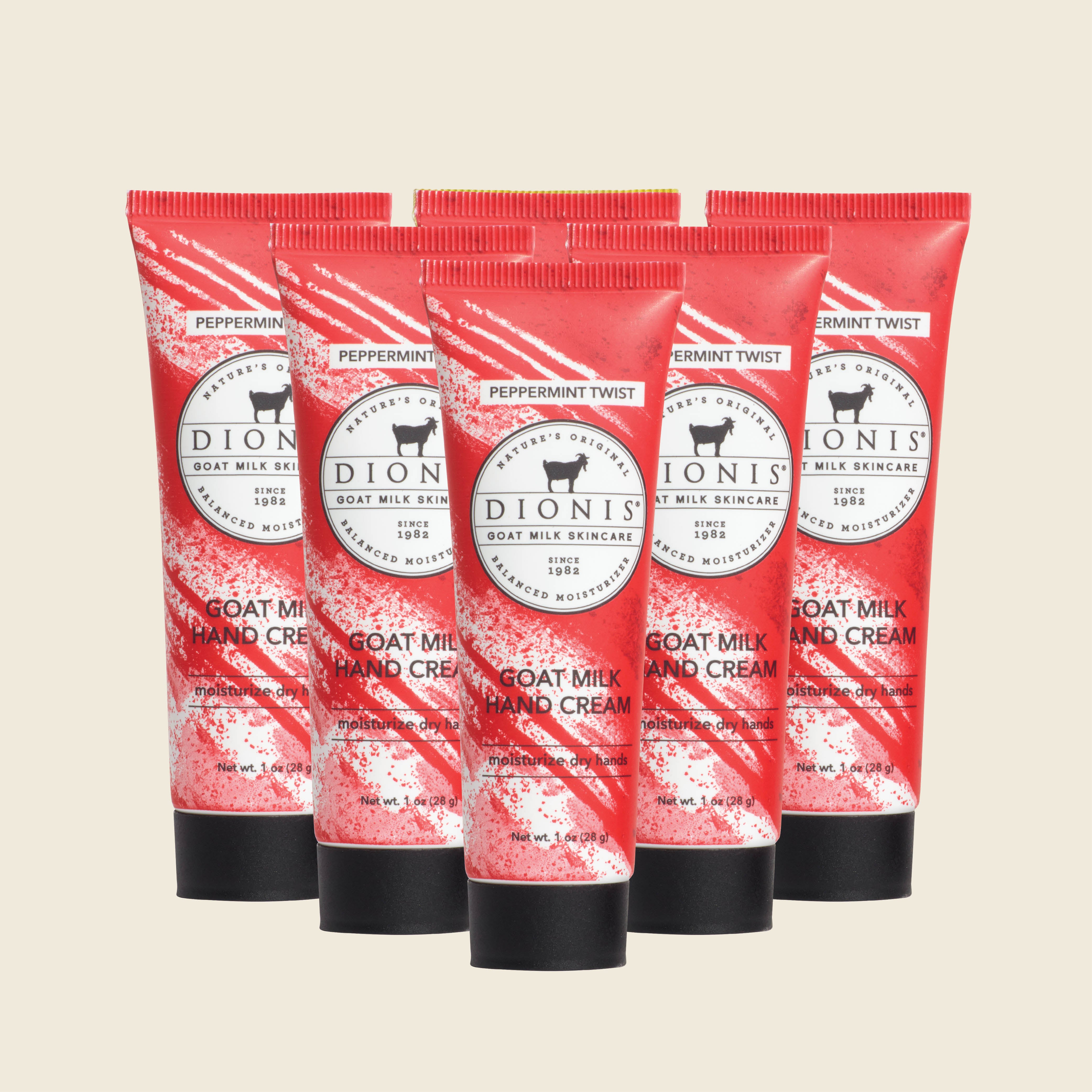 Dionis Goat Milk Skincare Hand Cream, Peppermint Twist, Set of 6-1 oz tubes.