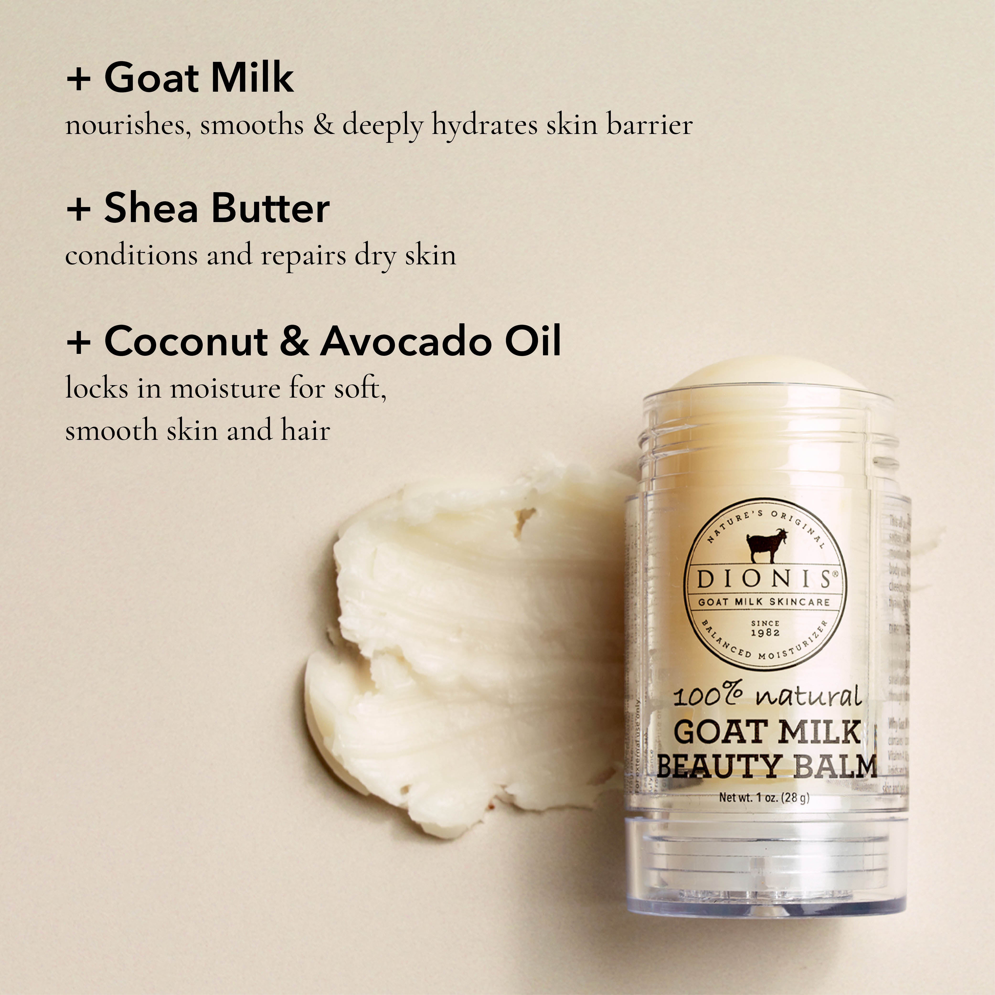 Dionis 100% Natural Goat Milk Beauty Balm stick shown in a clear container next to a dollop of the white balm, on a beige background with product ingredient text.