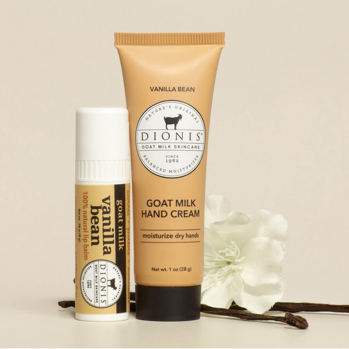 Vanilla Bean Lip & Hand Gift Set
Including:
1 - Dionis Goat Milk Lip Balm, Vanilla Bean, .28 oz
1 - Dionis Goat Milk Hand Cream, Vanilla Bean, 1 oz