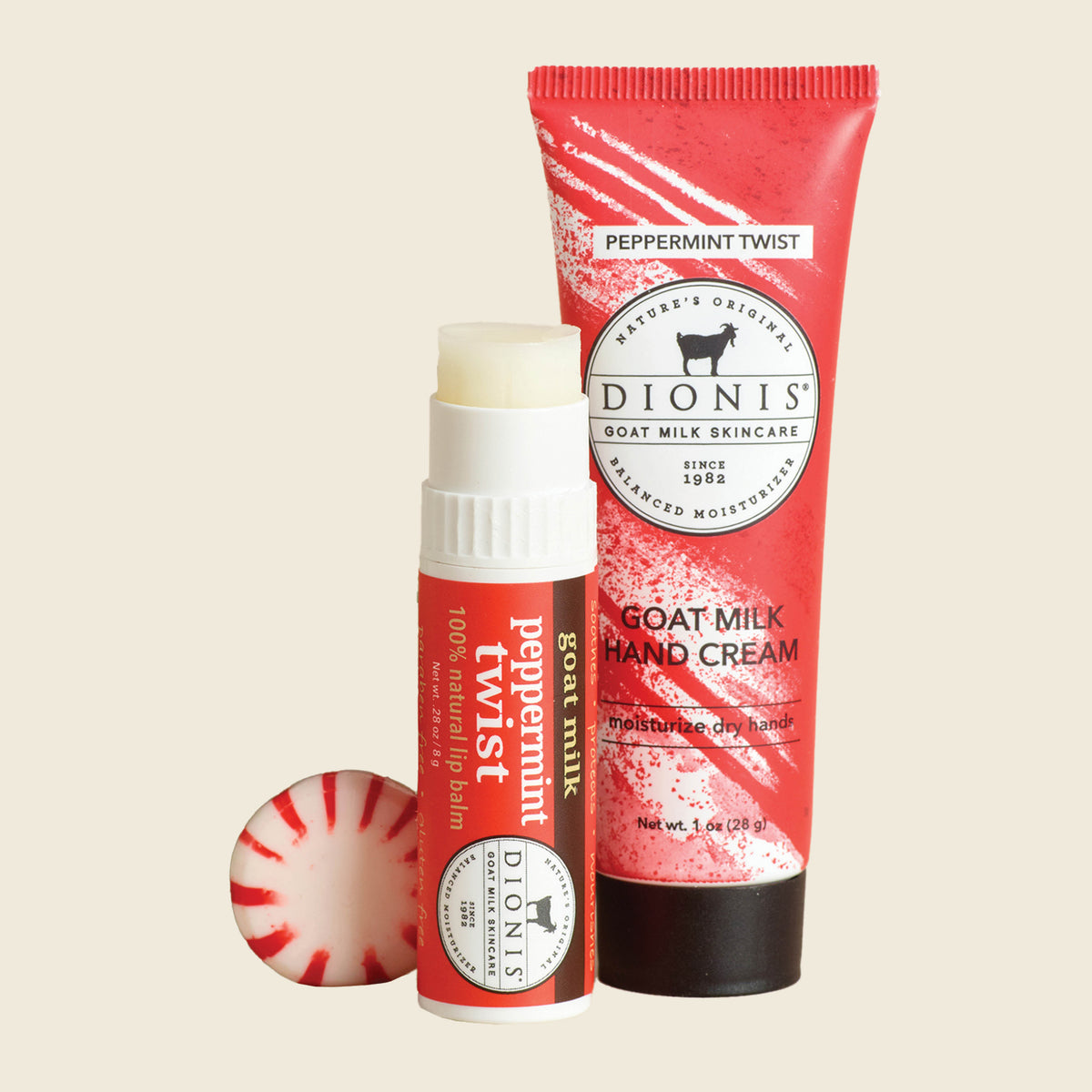 Peppermint Twist Lip & Hand Gift Set
Includes:
1 - Dionis Goat Milk Lip Balm, Peppermint Twist, .28 oz
1 - Dionis Goat Mil Hand Cream, Peppermint Twist, 1 oz