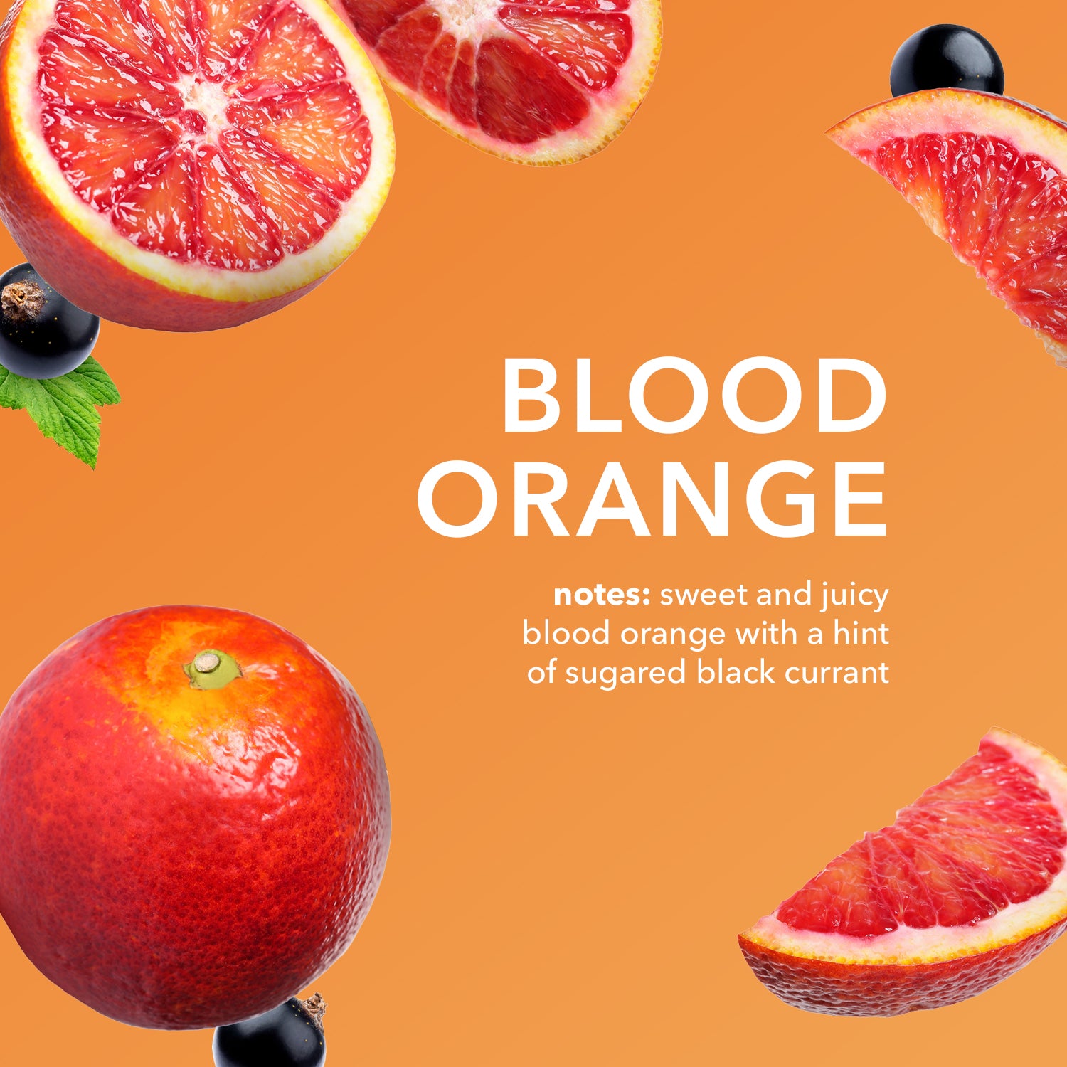 Blood Orange: sweet and juicy blood orange with a hint of sugared black currant
