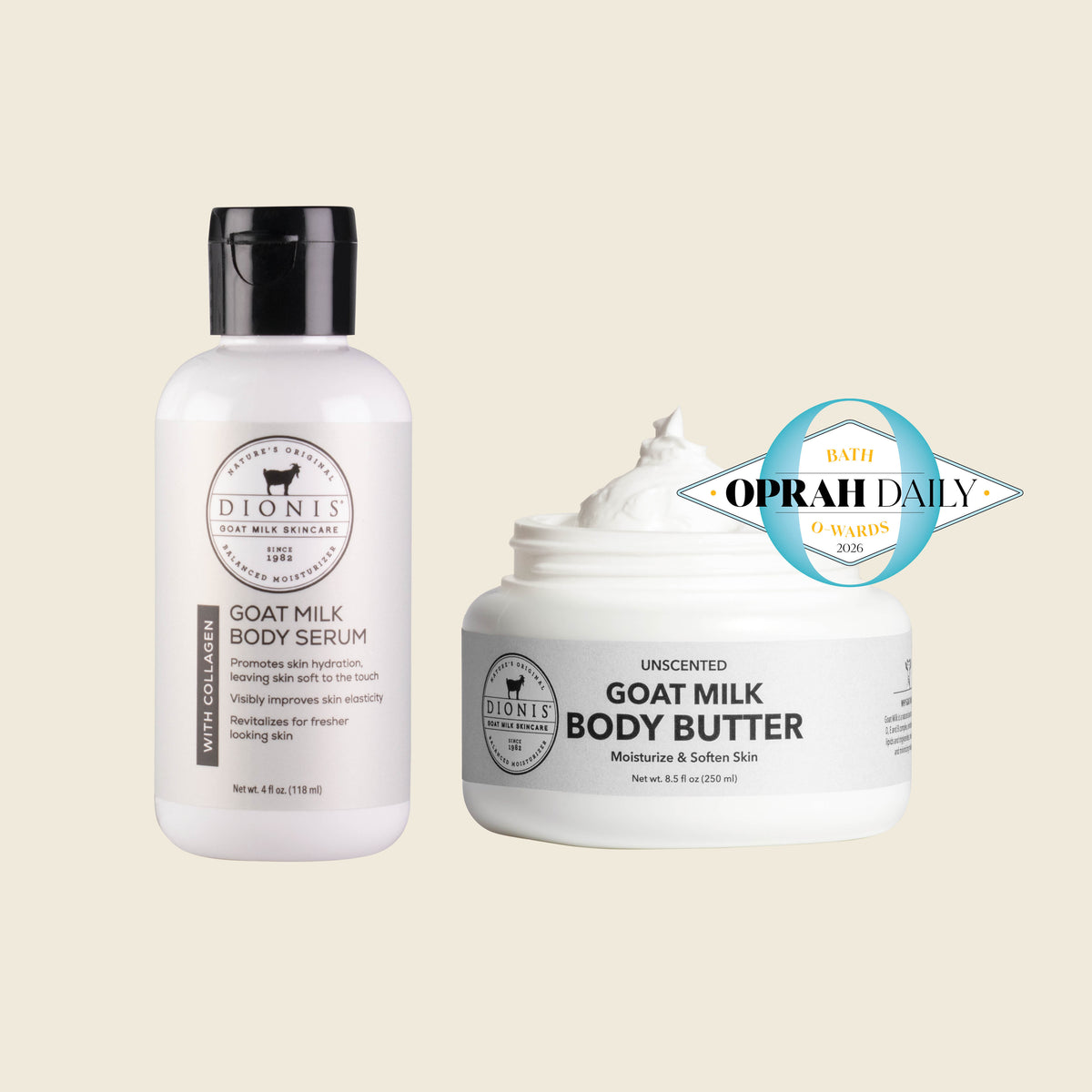 Unscented Body Butter & Body Serum Bundle
Includes:
Dionis Goat Milk Body Serum with Collagen, 4 oz
Dionis Goat Milk Body Butter, Unscented, 8.5 oz