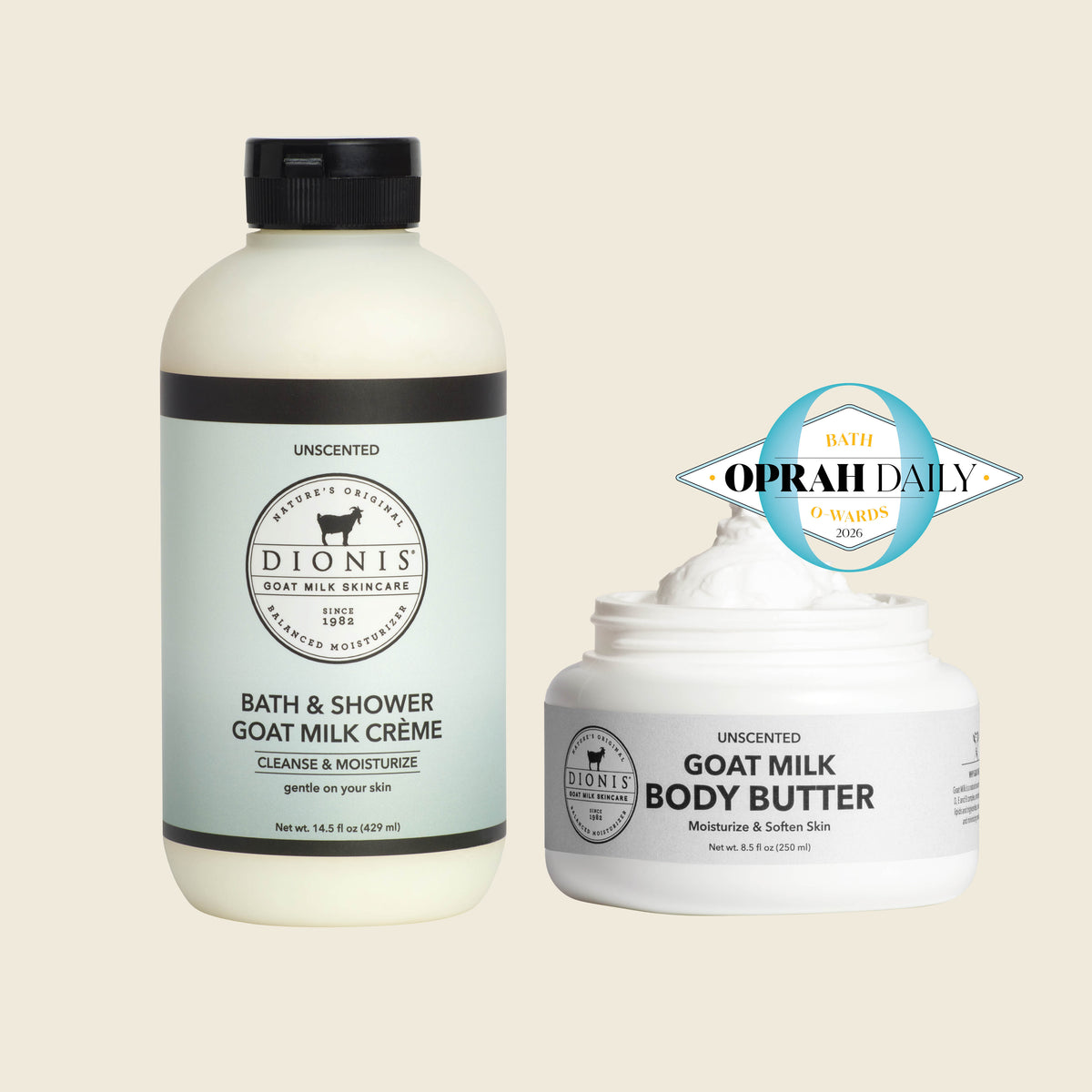 Unscented Shower Crème & Body Butter Bundle
Includes:
Dionis Bath & Shower Goat Milk Creme, Unscented, 14.5 fl oz
Dionis Goat Milk Body Butter, Unscented, 8.5 fl oz