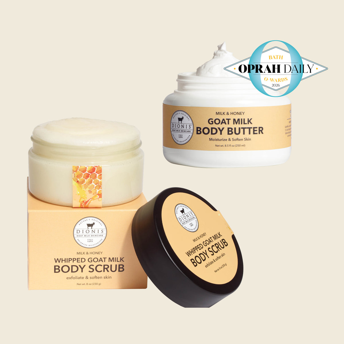 Milk & Honey Body Scrub & Body Butter Bundle
Includes:
Dionis Whipped Goat Milk Body Scrub, Milk & Honey, 8 oz
Dionis Goat Milk Body Butter, Milk & Honey, 8.5 fl oz
