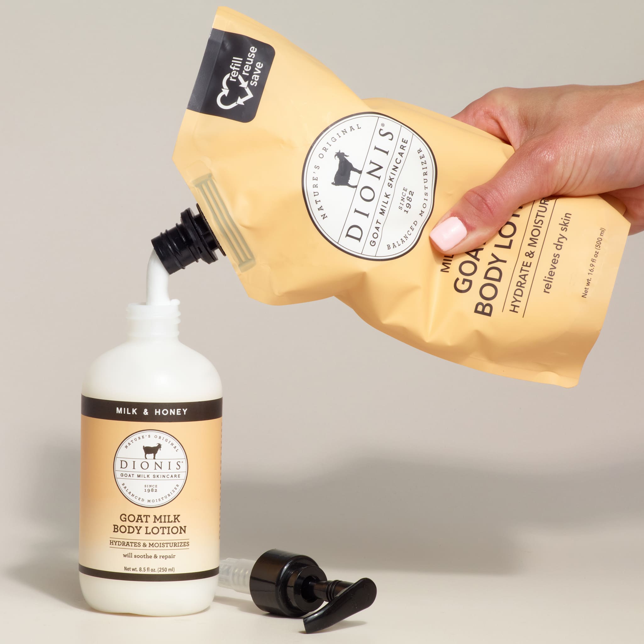 Hand pouring lotion from a yellow pouch into a white bottle labeled 'Dionis'.