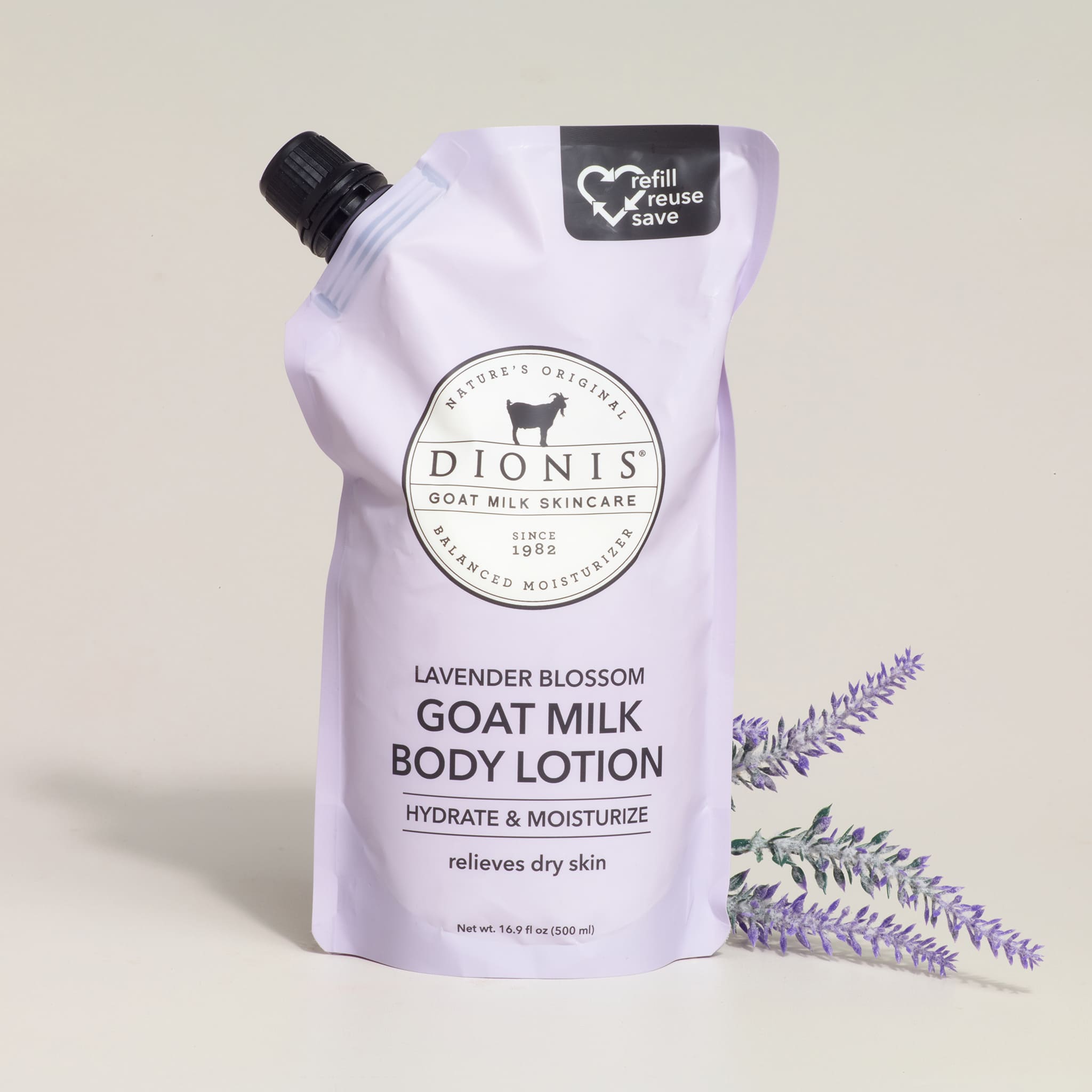Dionis goat milk body lotion pouch with lavender design on a light background