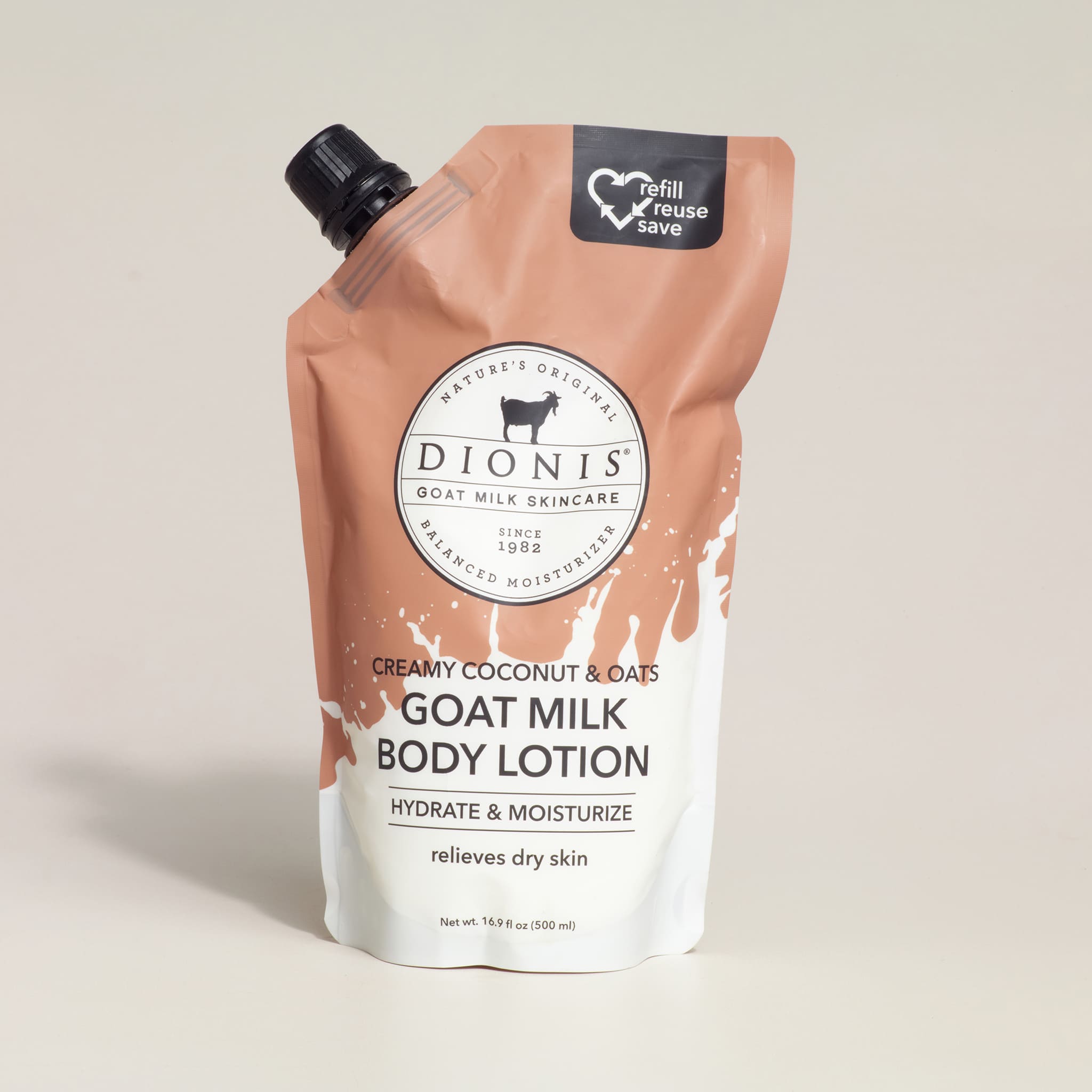Dionis goat milk body lotion packaging on a beige background
