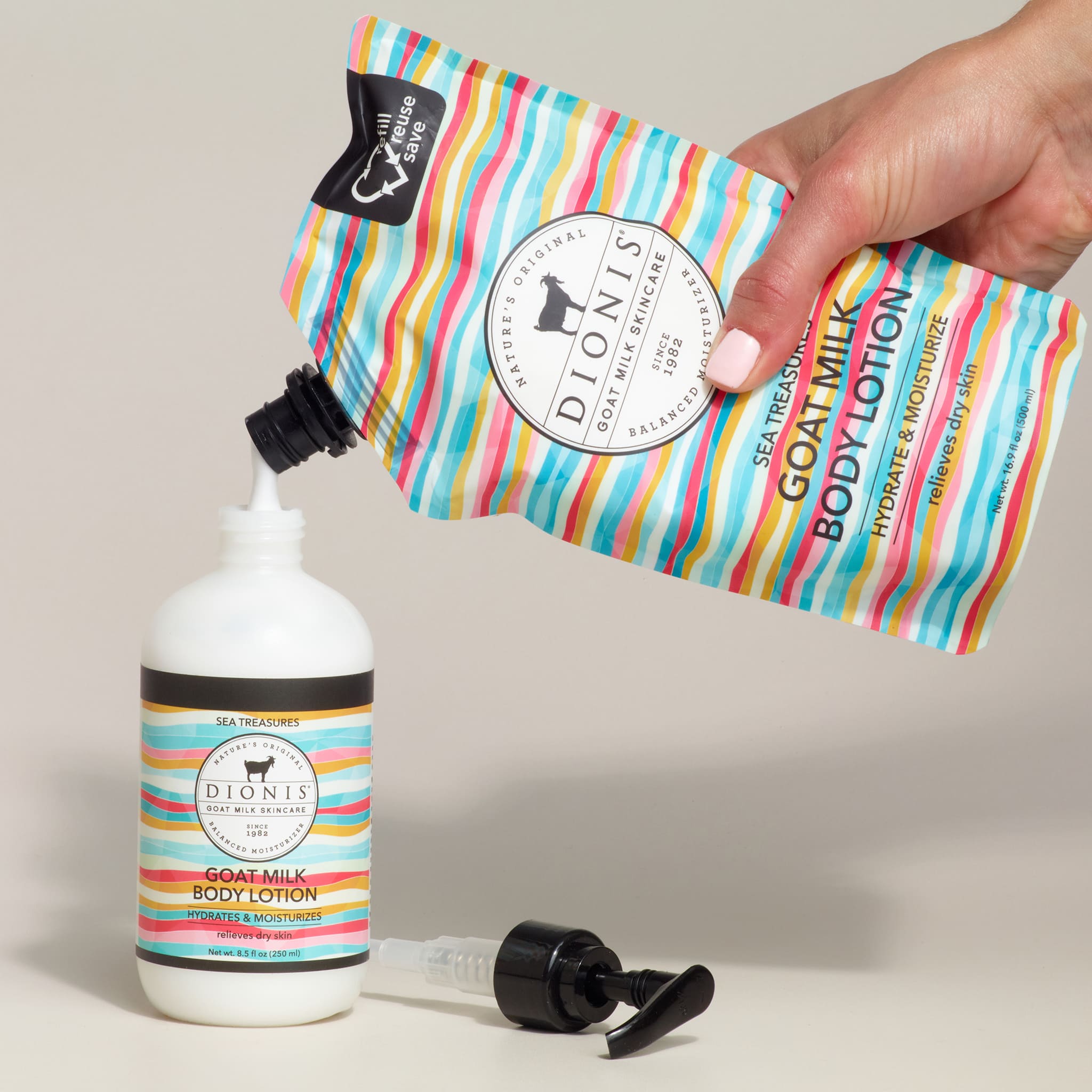 Dionis goat milk body lotion with colorful packaging and a hand holding a pump.