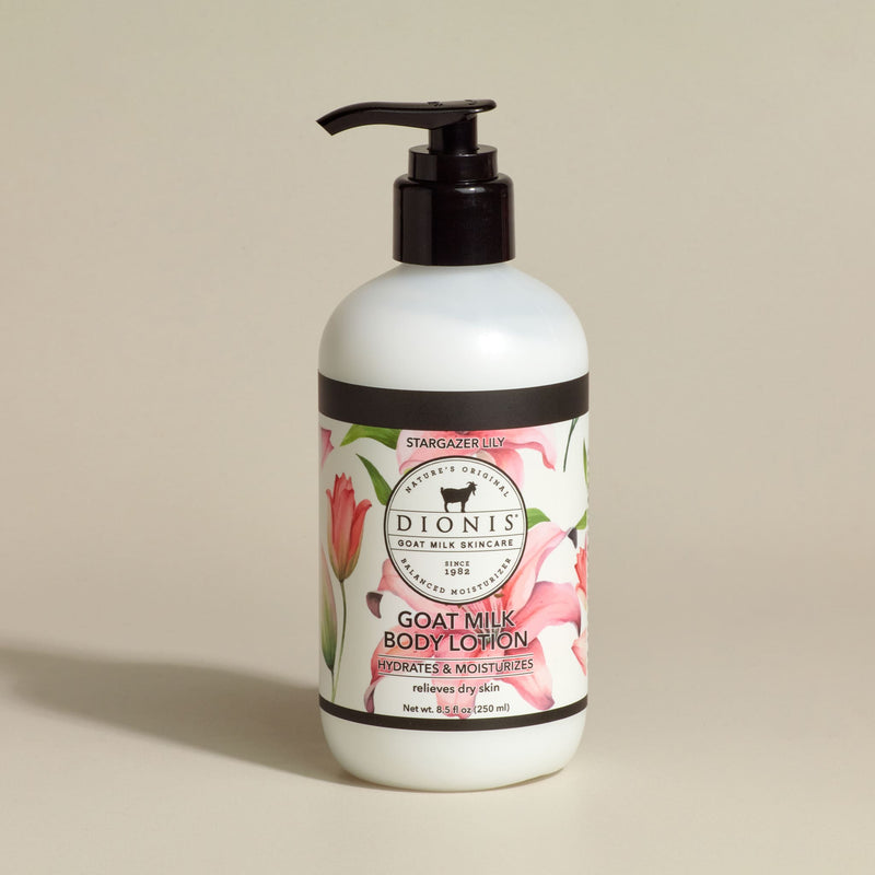 Dionis Goat Milk Body Lotion in Stargazer Lily, 8.5 fl oz bottle with black pump