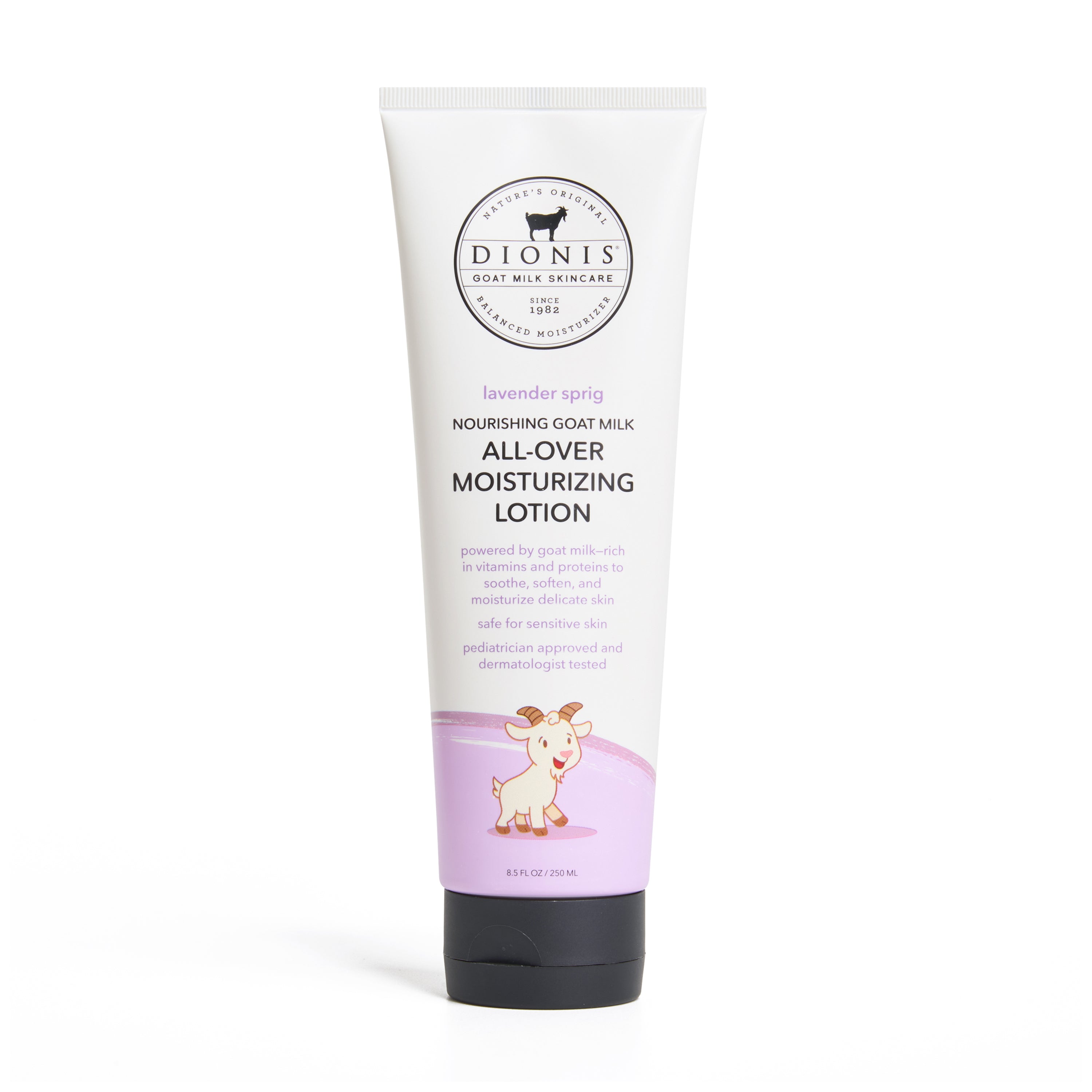 A tube of Dionis Nourishing Goat Milk All-Over Moisturizing Lotion in lavender spring, featuring a white tube with a black cap and a lavender-colored lower section with a goat illustration.
