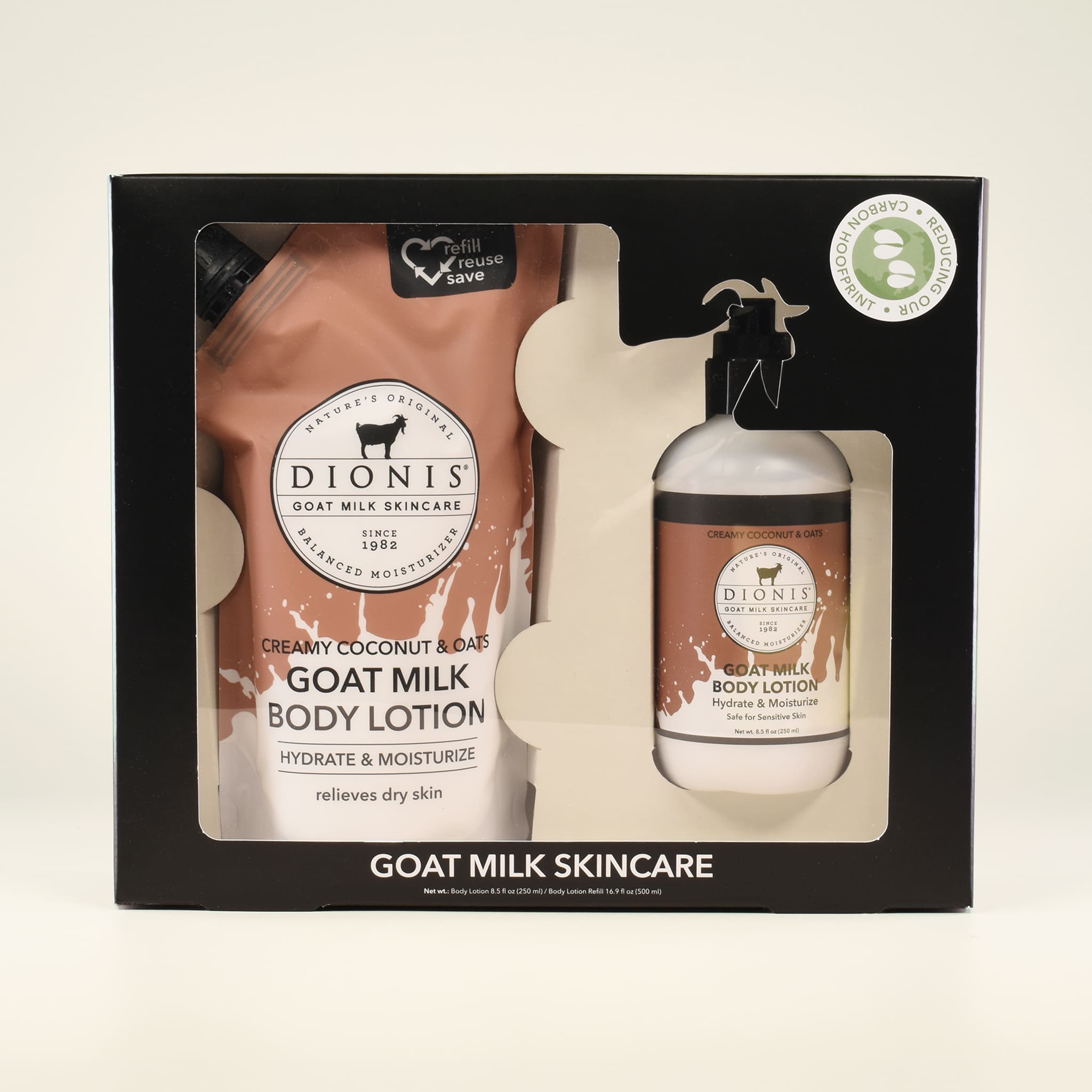 Dionis goat milk skincare set with body lotion refill pouch and pump bottle in packaging on a white background